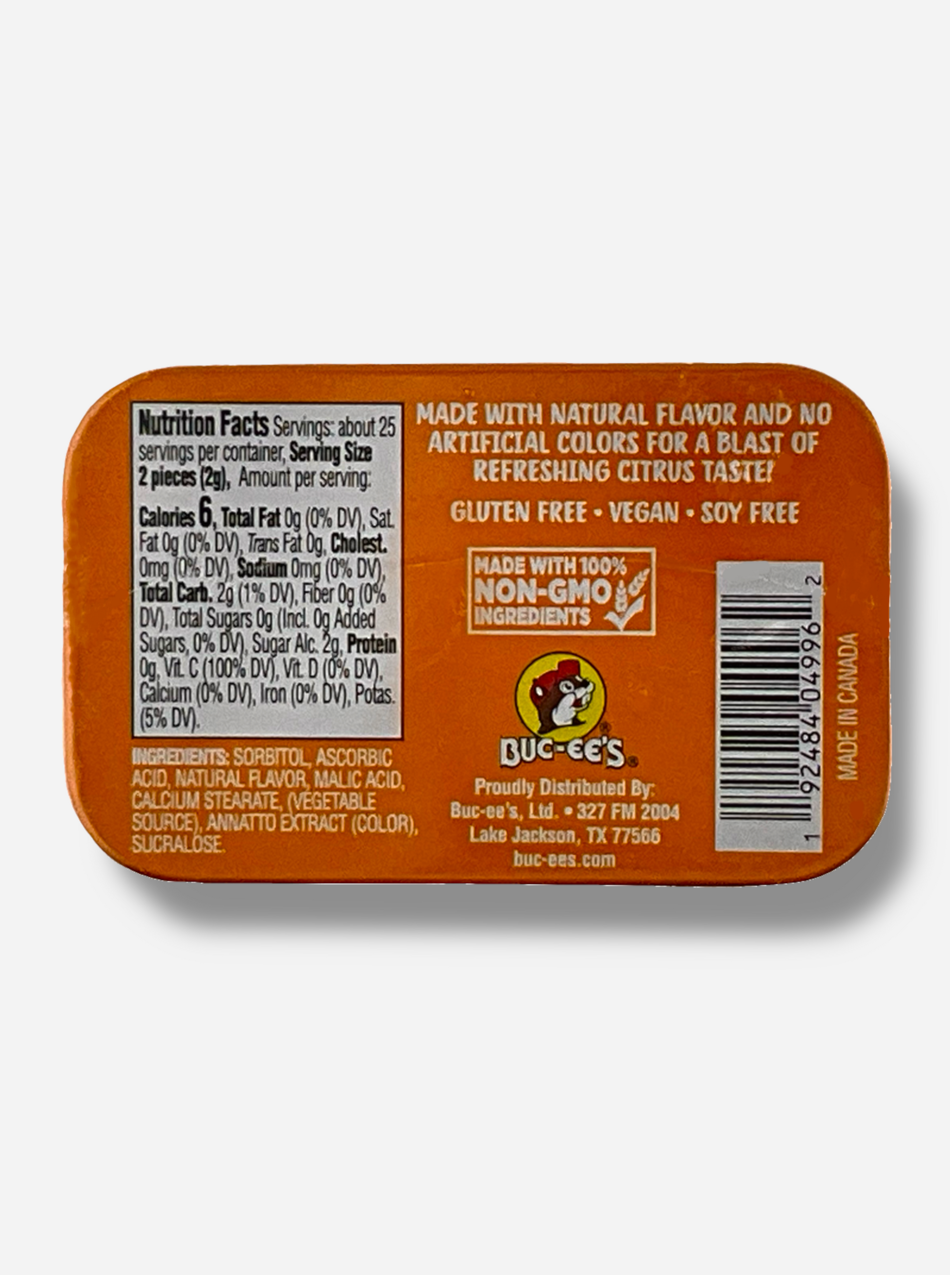 A picture of a back of a tin of Buc-ees Orange Blast Sours.  The back cover is decorated with a small picture of Buc-ee The Beaver, and has the following text: Made With Natural Flavor And No Artificial Colors For A Blast Of Refreshing Citrus Taste!, Gluten Free, Vegan, Soy Free, made with 100% Non-GMO Ingredients.