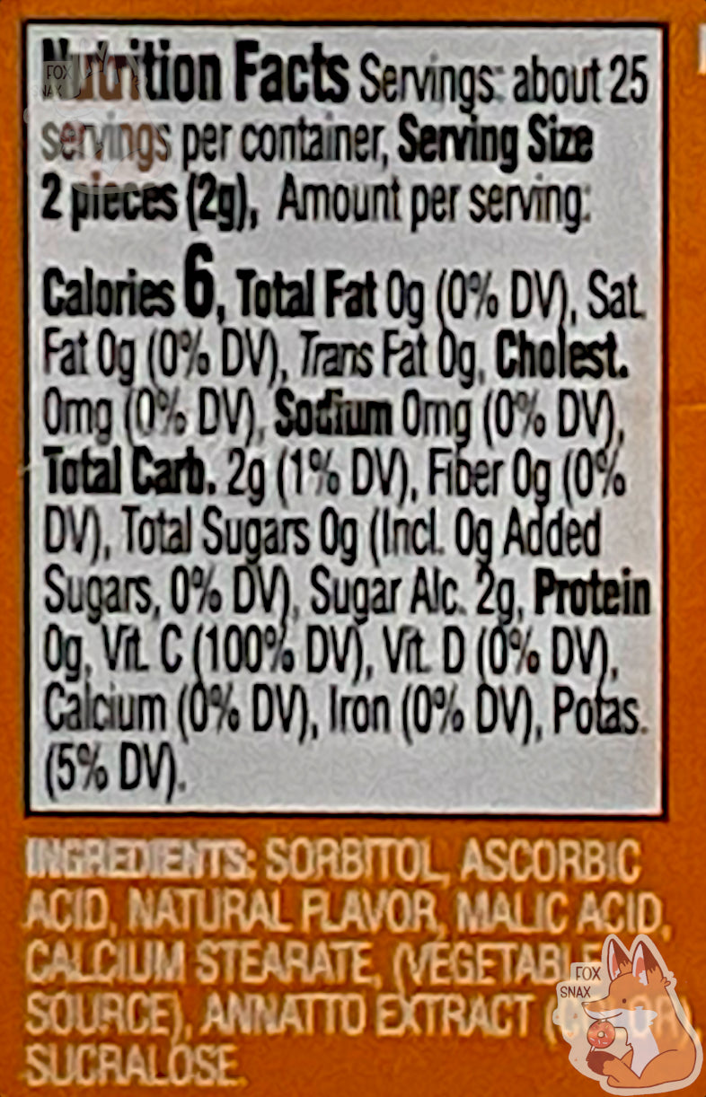 A picture of a back of a tin of Buc-ees Orange Blast Sours.  Ingredients, and nutrition facts can be seen.