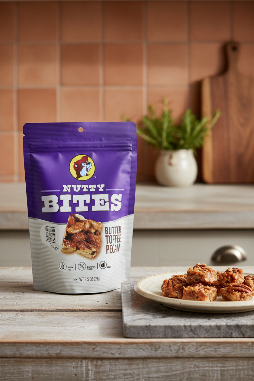 A picture of a white and purple bag of Buc-ee's Butter Toffee Pecans. The Buc-ee's logo can be seen in the top center of the bag, then under that, NUTTY BITES.  In the center of the bag is a brown square of Nutty Bite, covered in butter toffee and pecans. The bag is in a tan-tiled, earthy kitchen, with a green plant and a cutting board in the background.  Next to the bag are a plate with six Nutty Bites stacked on it.