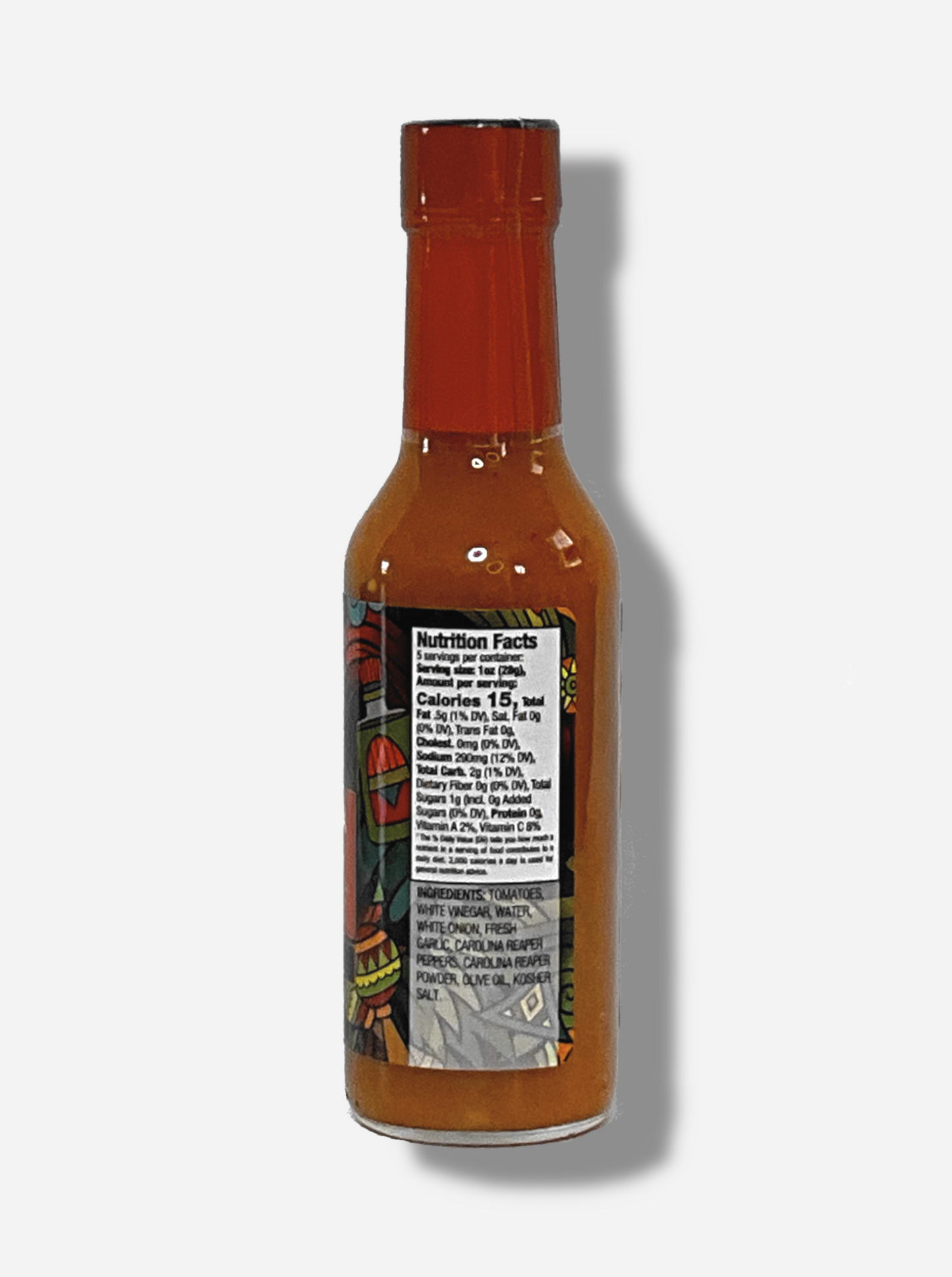 A picture of a small, tall glass bottle of hot sauce. The top of the bottle is sealed with a shiny orange plastic top. The sauce inside is bright orange.