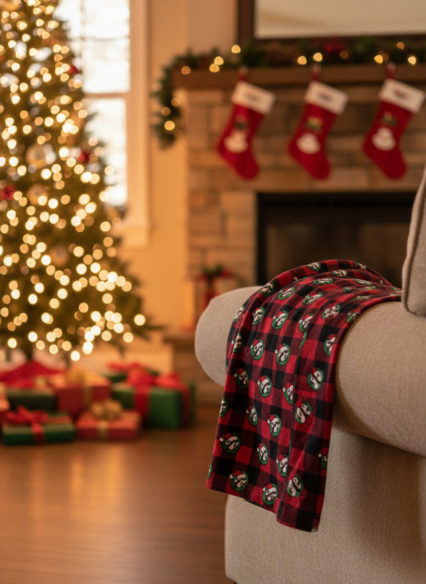 A picture of a black and red plaid pajama pants, draped over the edge of a white couch.  The pants are studded with the Buc-ee's logo - a brown furred beaver with a significant overbite - who is wearing a Santa cap against a green circular background.  The couch is framed against a pretty living room with an Xmas tree and fireplace, studded with Christmas stockings.