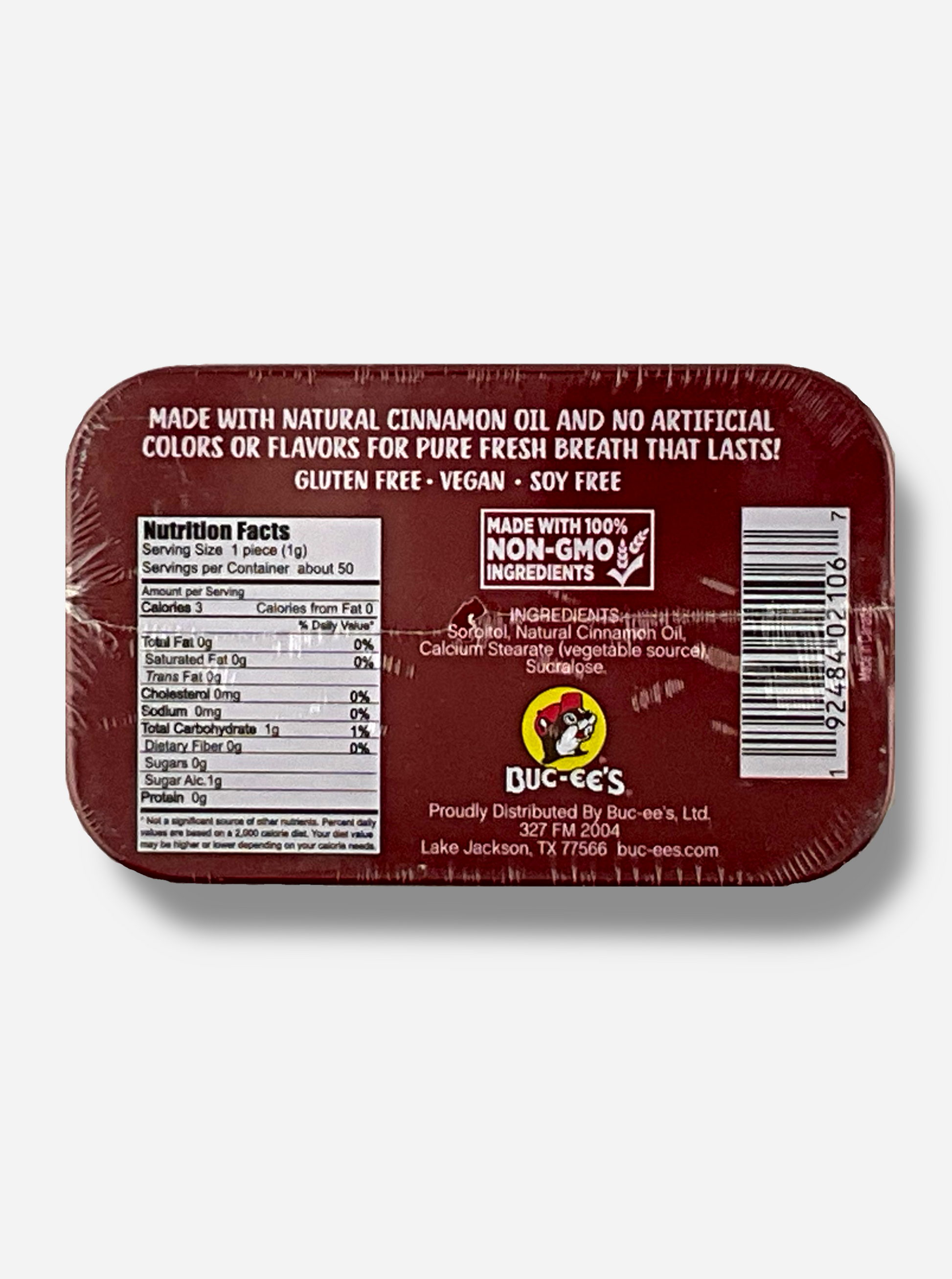 A picture of a back of a tin of Buc-ees Cinnamon Mints.  The back cover is decorated with a small picture of Buc-ee The Beaver, and has the following text: Made With Natural Cinnamon Oil And No Artificial Colors Or Flavors For Pure Fresh Breath That Lasts!, Gluten Free, Vegan, Soy Free, made with 100% Non-GMO Ingredients.