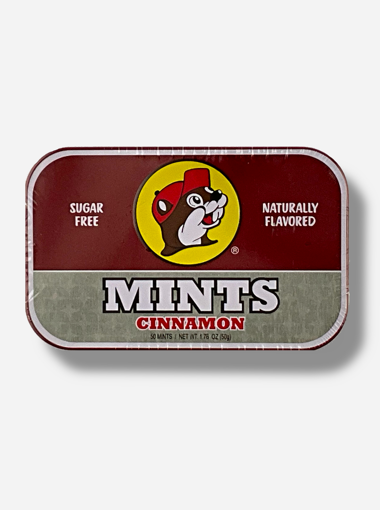 A picture of a tin of Buc-ees Cinnamon Mints.  The cover is decorated with a big picture of Buc-ee The Beaver, and has a dark red and silver background.  The tin reads Sugar Free, Naturally Flavored, Mints, Cinnamon.