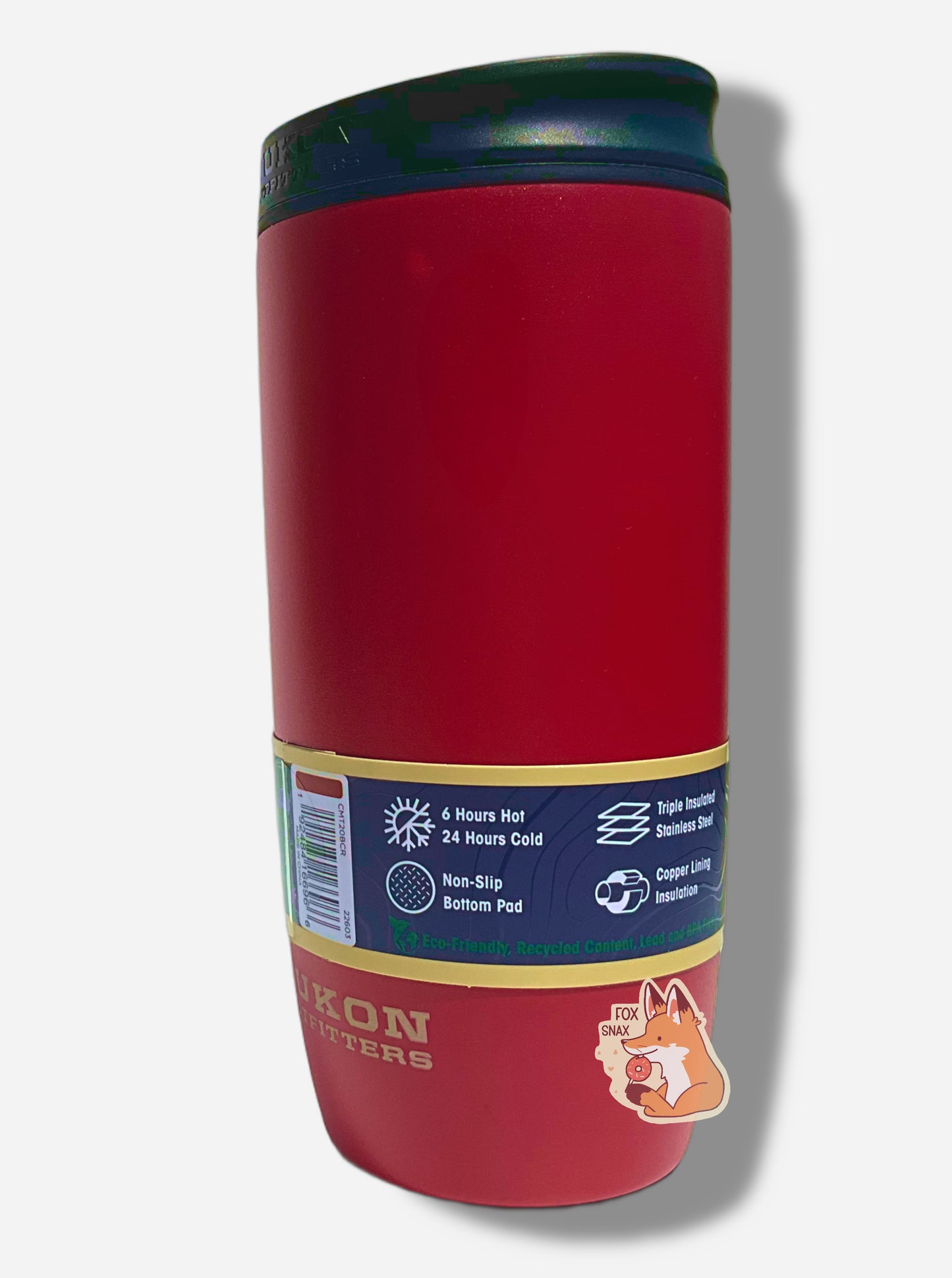 A picture of the side of a medium sized 20oz tumbler.  The surface of the cup is red paint over metal.  The top of the cup features a black plastic lid.  The bottom surface is black plastic, and acts as a nice grippy surface so the cup doesn't slide around.