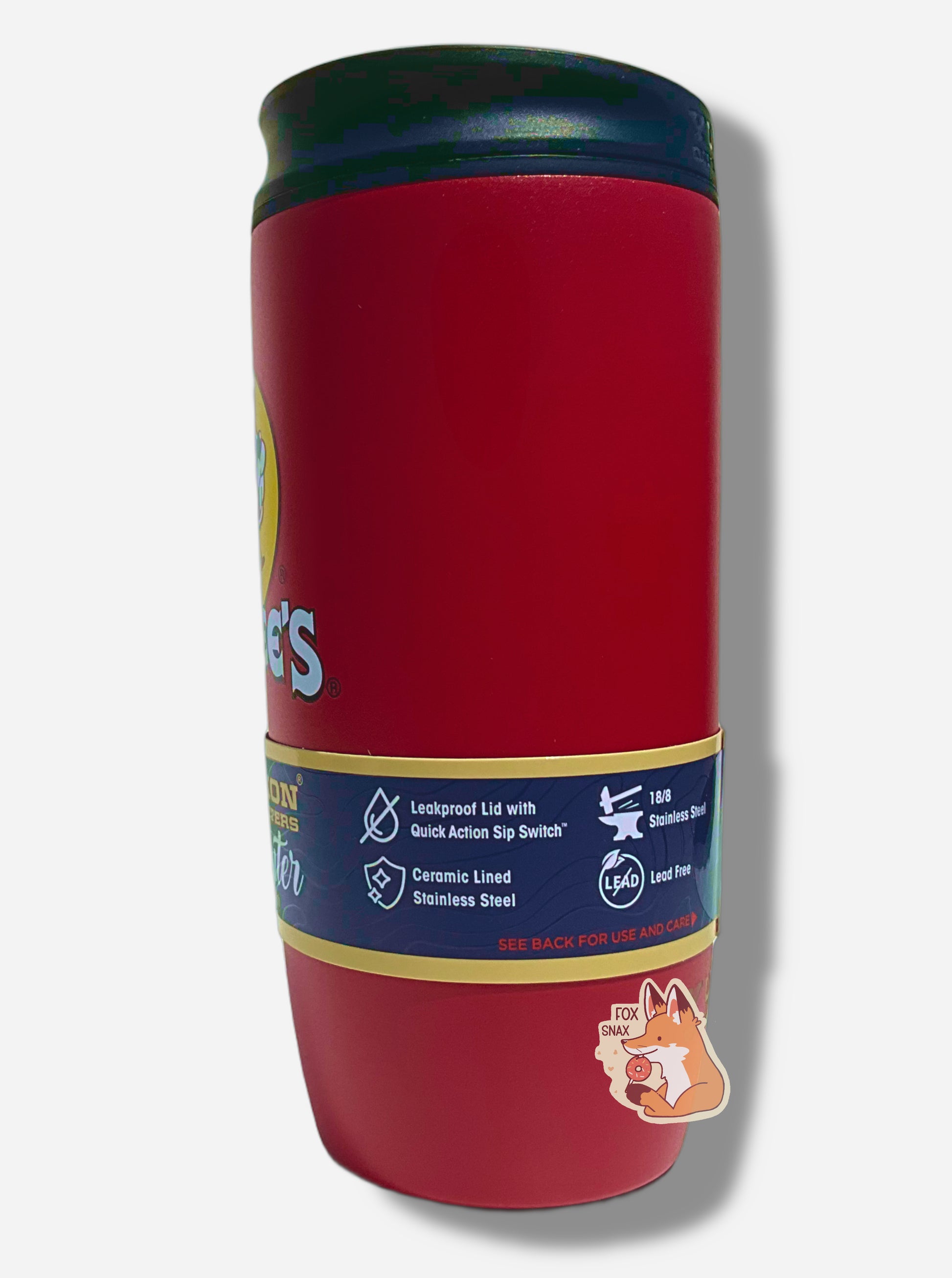 A picture of the back of a medium sized 20oz tumbler.  The surface of the cup is red paint over metal.  The top of the cup features a black plastic lid.  The bottom surface is black plastic, and acts as a nice grippy surface so the cup doesn't slide around.