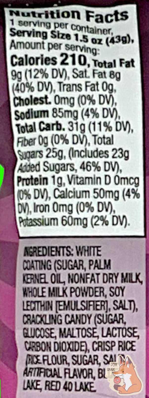 A closeup of the back of a bag of Buc-ee's Cosmic Pops, in Cotton Candy flavor.  Nutrition Facts, then Ingredients are listed.