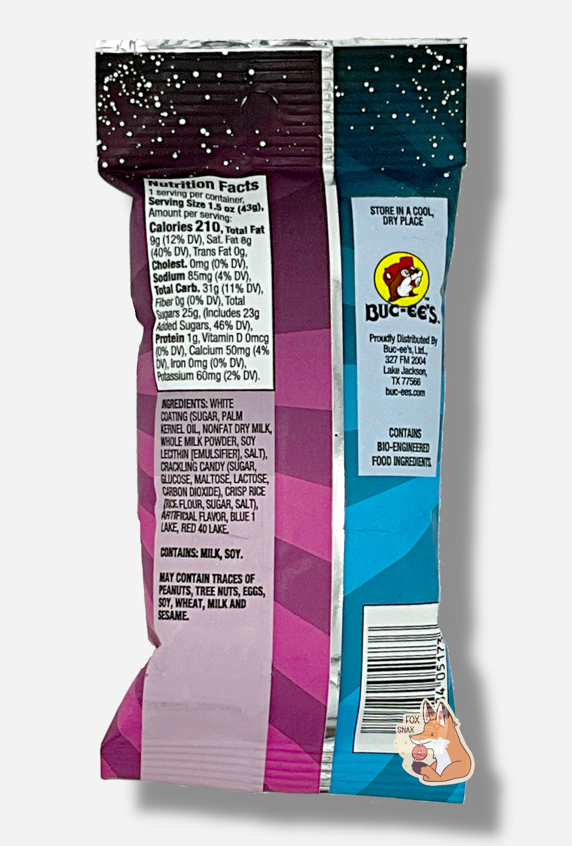 A picture of the back of a bag of Buc-ee's Cosmic Pops, in Cotton Candy flavor.  The back of the bag reads STORE IN A COOL, DRY PLACE, then shows a picture of the Buc-ee's beaver logo, then CONTAINS BIO-ENGINEERED FOOD INGREDIENTS.