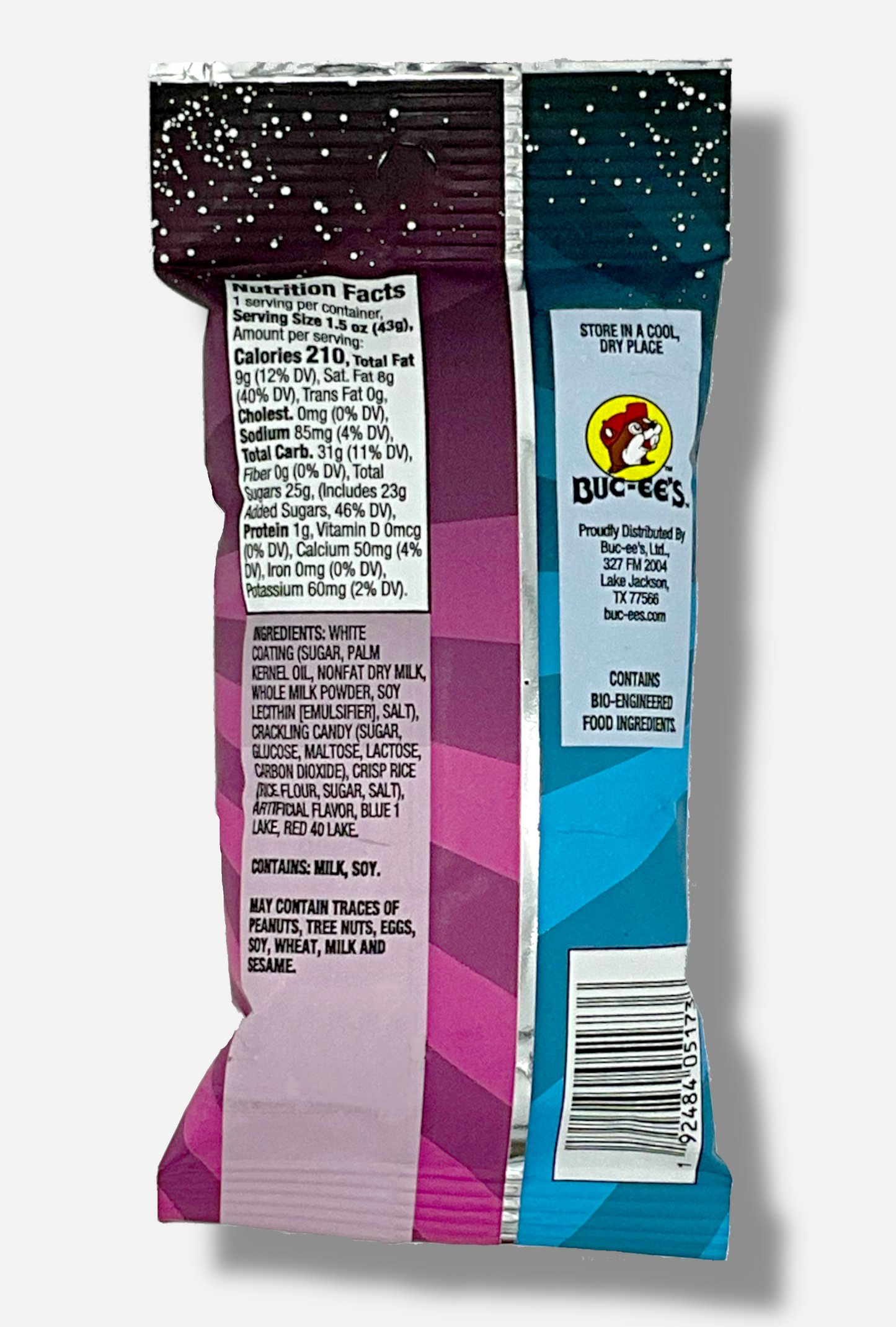 A picture of the back of a bag of Buc-ee's Cosmic Pops, in Cotton Candy flavor.  The back of the bag reads STORE IN A COOL, DRY PLACE, then shows a picture of the Buc-ee's beaver logo, then CONTAINS BIO-ENGINEERED FOOD INGREDIENTS.