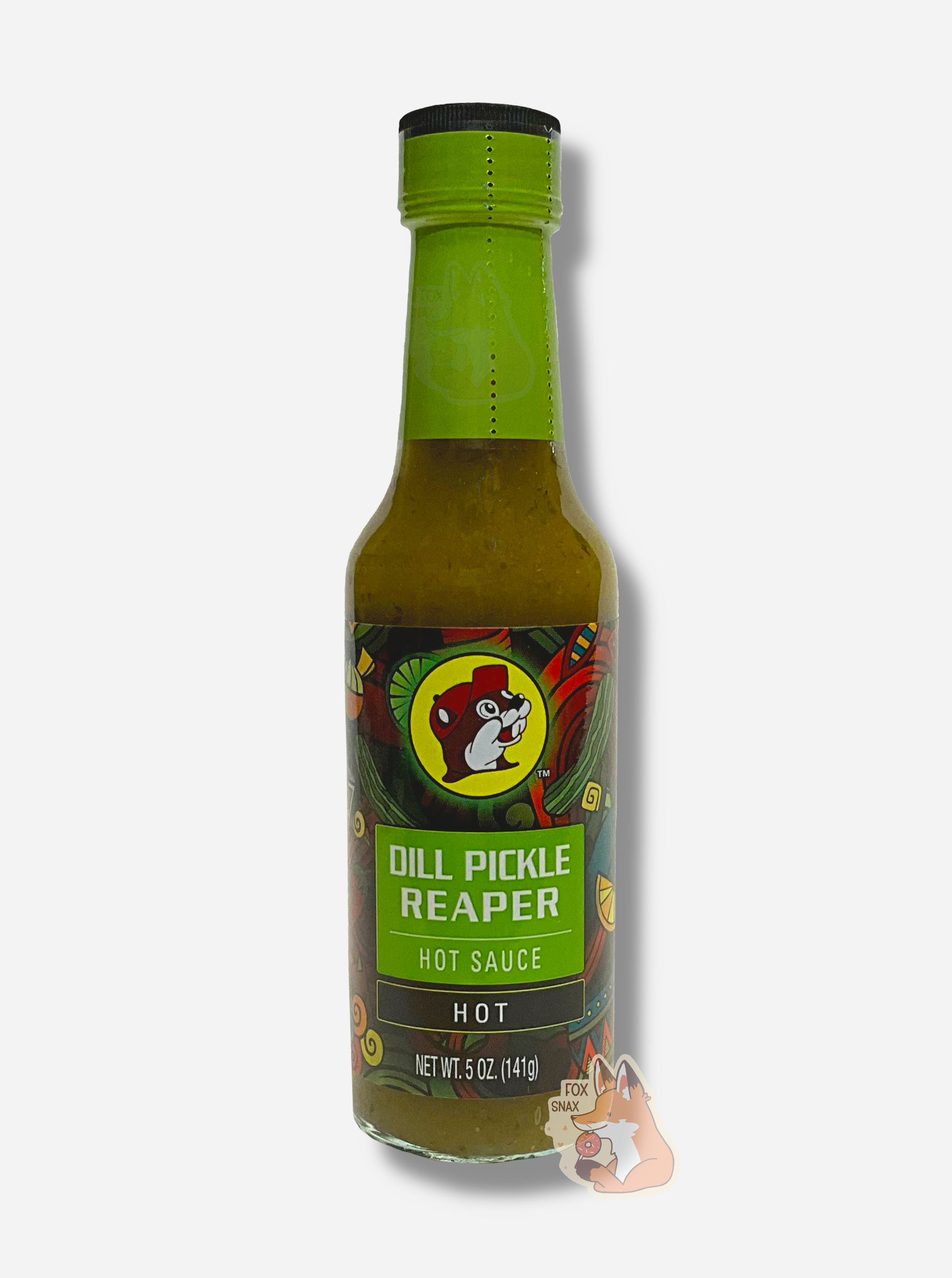 A picture of a small, tall glass bottle of hot sauce.  The top of the bottle is sealed with a green plastic cover on a black cap.  The front label of the bottle reads DILL PICKLE REAPER, HOT.  The Buc-ee's logo can be seen on the front; the background is a fairly busy abstract artwork featuring several pickles and chilis. The sauce inside is a green/yellow with smaller green dots.