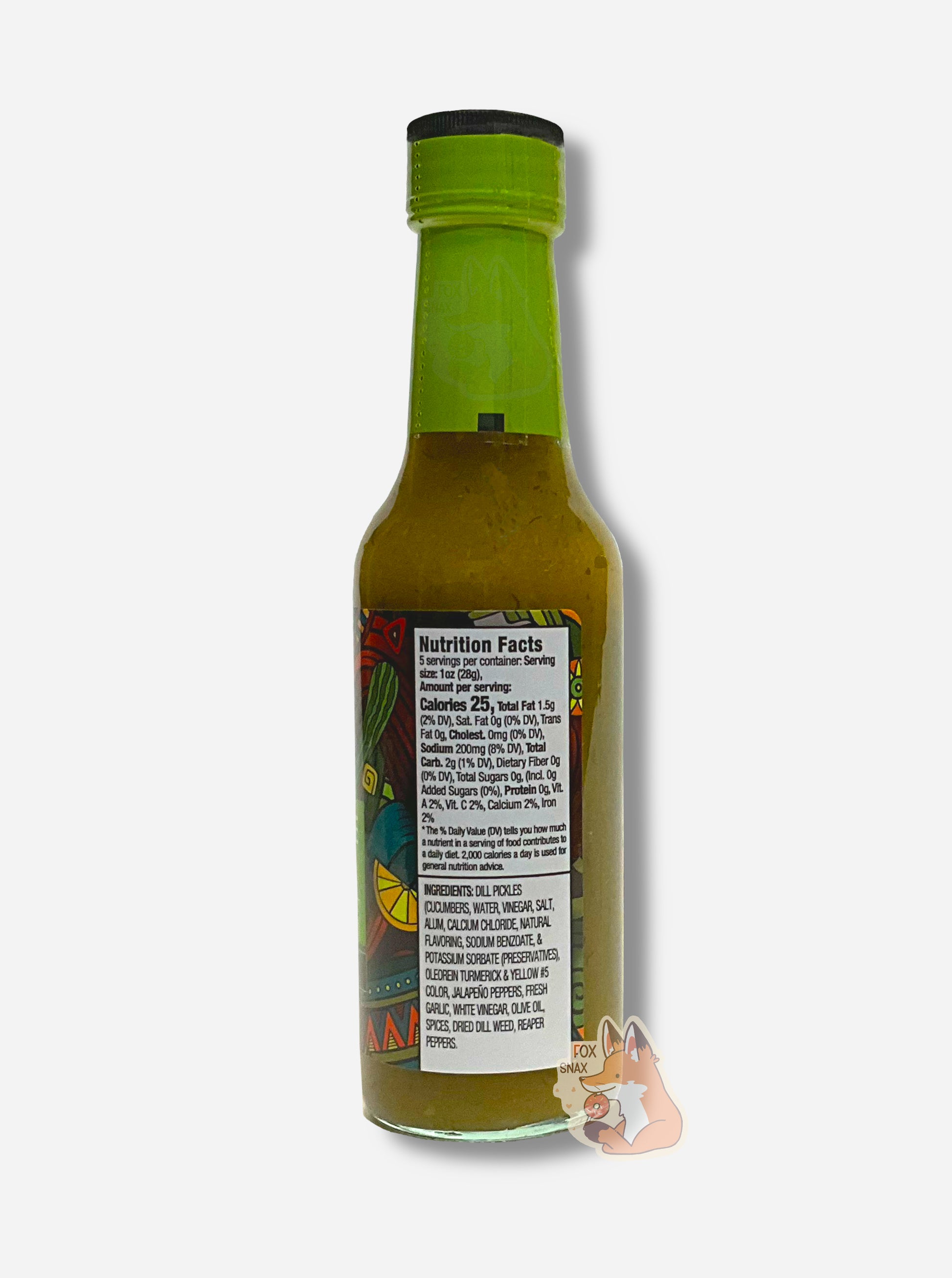 A picture of a small, tall glass bottle of hot sauce. The top of the bottle is sealed with a plastic top. The sauce inside is green/yellow with darker green flecks.