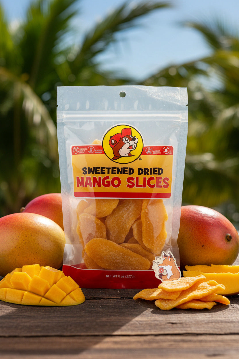 A picture of the front of a resealable bag of Buc-ee's Sweetened Dried Mango Slices, which are large orange-yellow dried slices of mango.  The bag reads Sweetened Dried Mango Slices, then No Artificial Colors and Flavors, then No Artificial Ingredients, then No Artifiicial Preservatives, then Fat Free. The bag is sitting on a wooden picnic table in the tropics, surrounded by unpeeled mangos, mango slices, diced mangoes.  In the background, palm tree foliage against a blue sky can be seen.