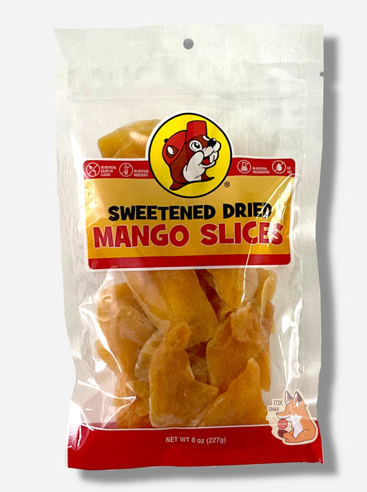 A picture of the front of a resealable bag of Buc-ee's Sweetened Dried Mango Slices, which are large orange-yellow dried slices of mango.  The bag reads Sweetened Dried Mango Slices, then No Artificial Colors and Flavors, then No Artificial Ingredients, then No Artifiicial Preservatives, then Fat Free.  The bag  has a picture of Buc-ee the Beaver on it - a large, brown-furred beaver with a large overbite, wearing a red ball cap. 