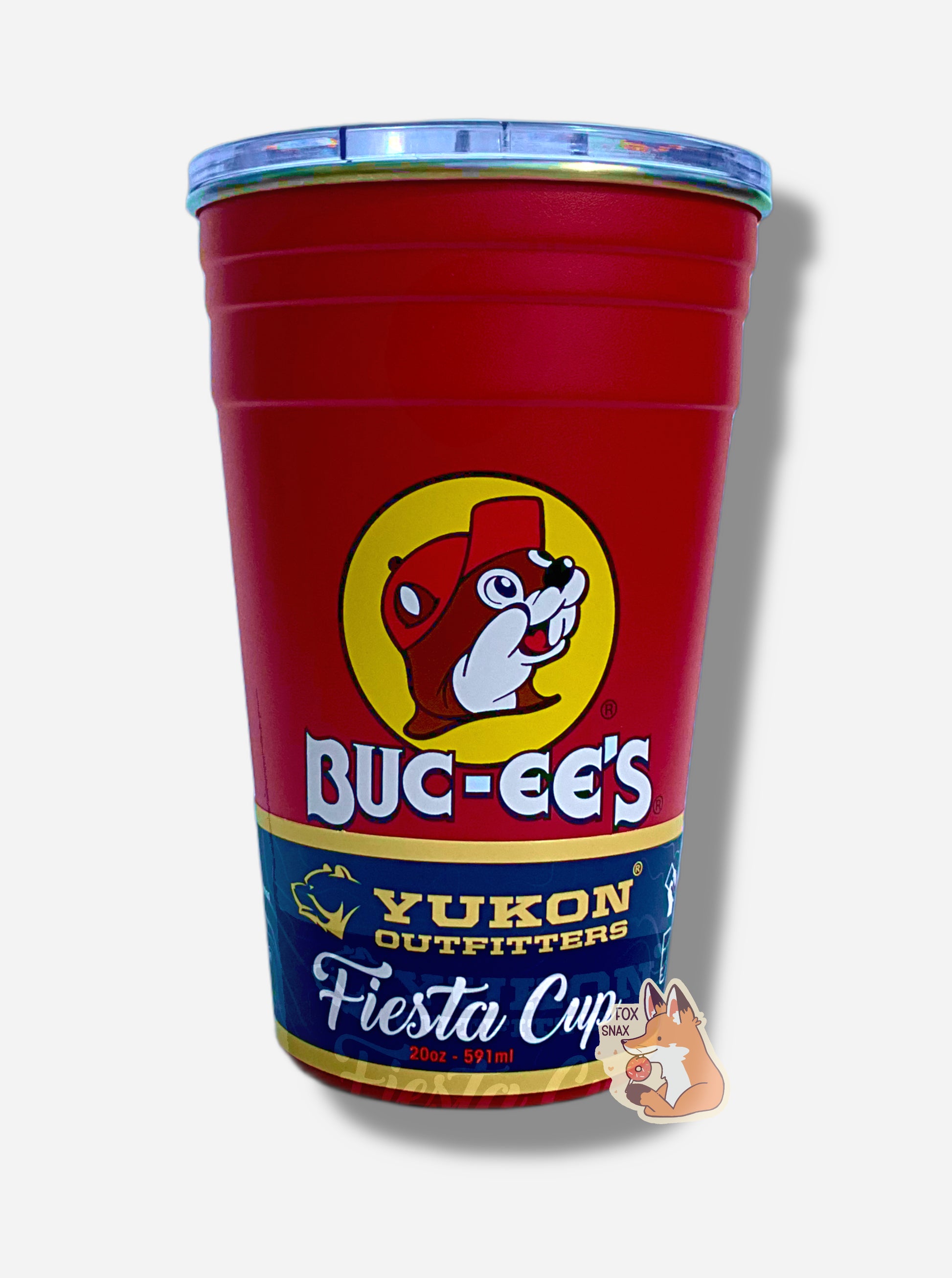 A picture of a medium sized red "party" cup, with a giant Buc-ee The Beaver logo on the side; he's framed by a yellow background, and is wearing a red ball cap.  The surface of the cup  is red paint over metal.  The top of the cup features a clear plastiic lid.  The bottom surface is black plastic, and acts as a nice grippy surface so the cup doesn't slide around.