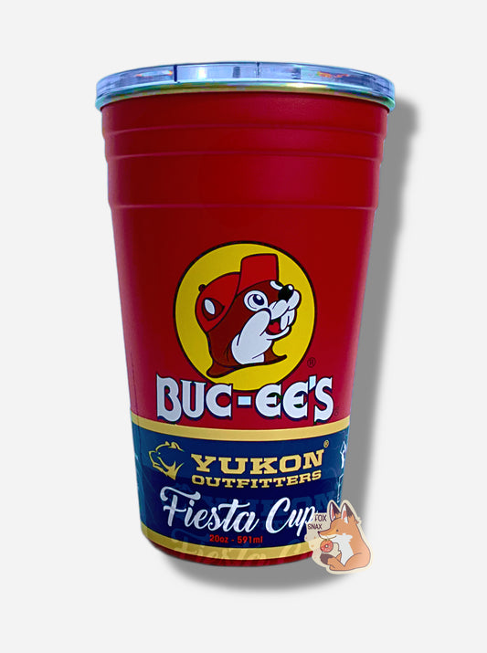 A picture of a medium sized red "party" cup, with a giant Buc-ee The Beaver logo on the side; he's framed by a yellow background, and is wearing a red ball cap.  The surface of the cup  is red paint over metal.  The top of the cup features a clear plastiic lid.  The bottom surface is black plastic, and acts as a nice grippy surface so the cup doesn't slide around.