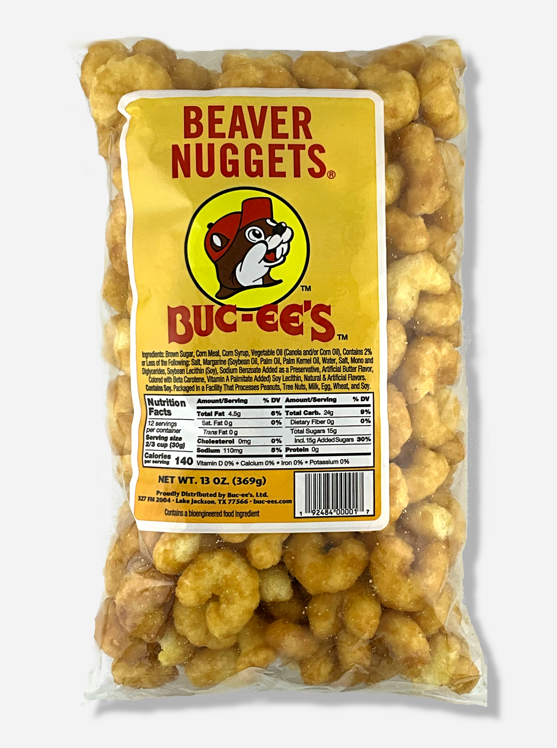 A picture of the front of a clear plastic bag of Buc-ee's Beaver Nuggets, which are puffed corn snack with caramel flavors, and has a picture of Buc-ee the Beaver on it.