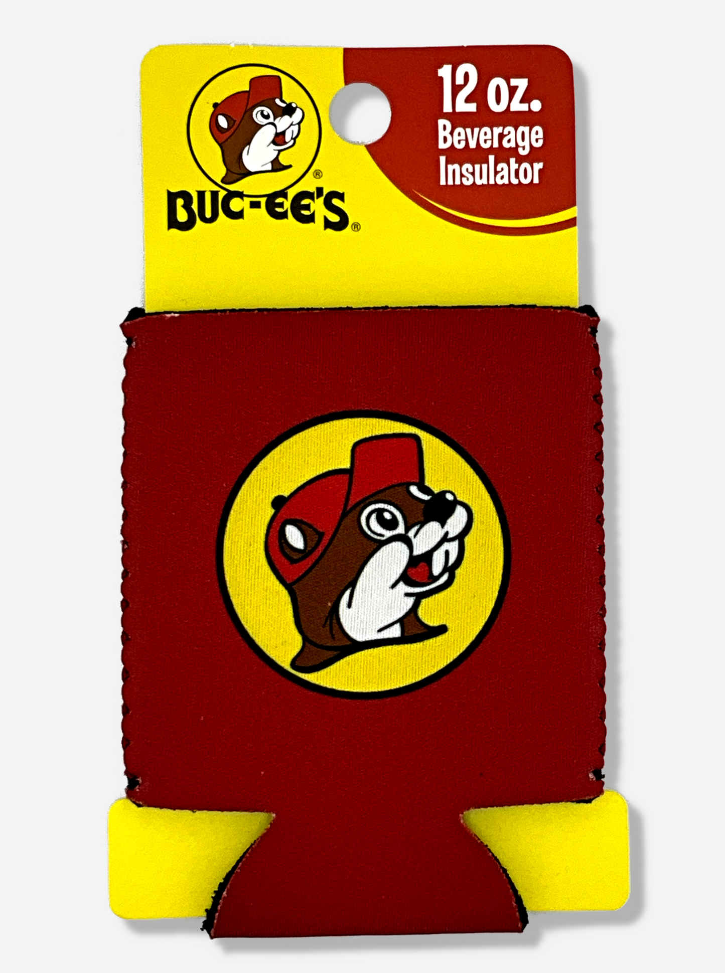 A picture of a foam and cloth red Beverage Insulator, wrapped around a yellow piece of cardboard.  The cardboard reads BUC-EE's 12 oz. Beverage Insulator.  The front of the red insulator has a picture of Buc-ee The Beaver on it, sillhoutted against a yellow circle with a black outline.