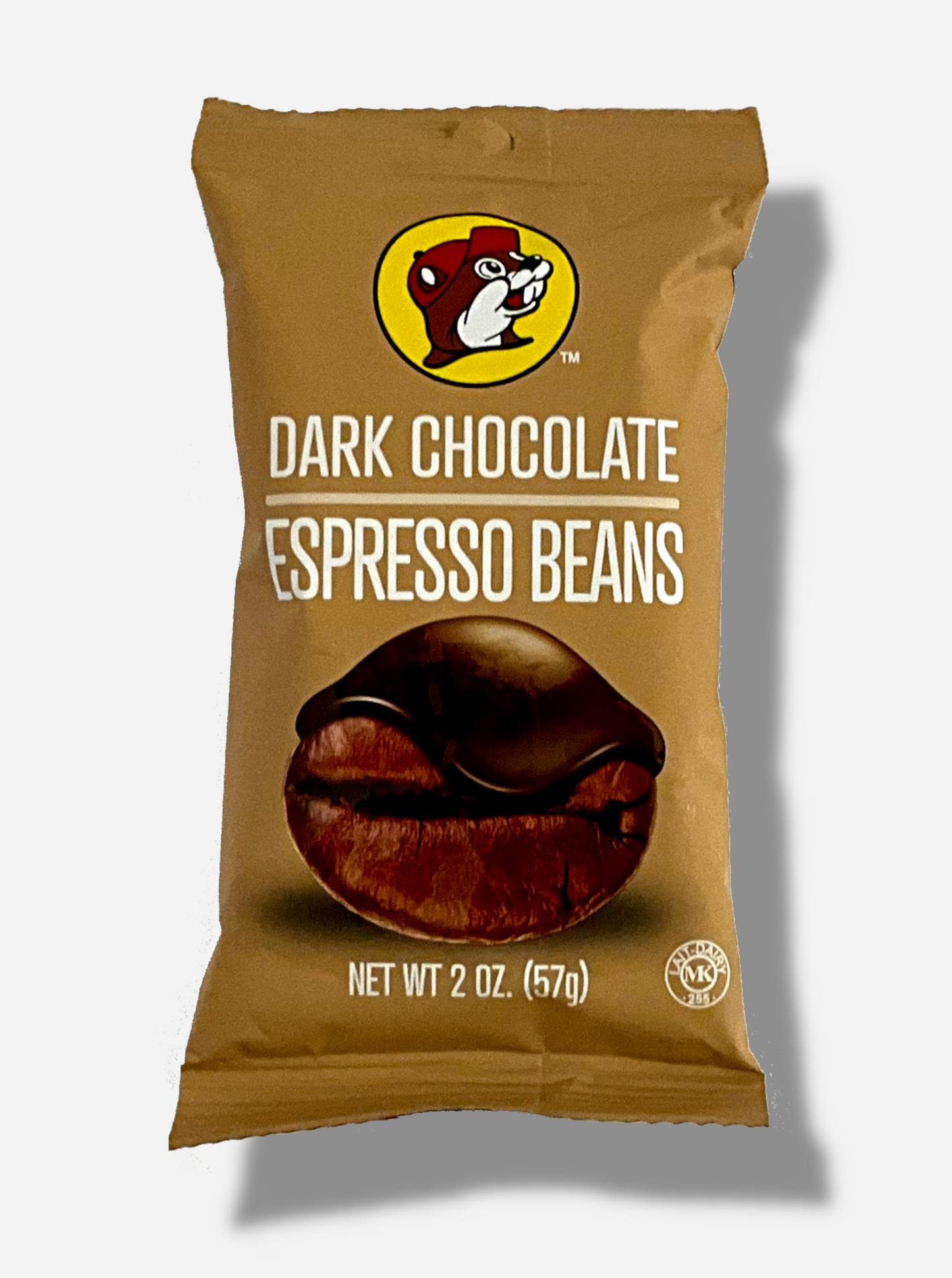 A picture of the front of a small package of Buc-ee's Dark Chocolate Espresso Beans, 2 oz.  The bag has a small picture of Buc-ee the Beaver on the top, and the bottom has a picture of a single giant espresso bean, covered in dark chocolate.  The bag is light tan.