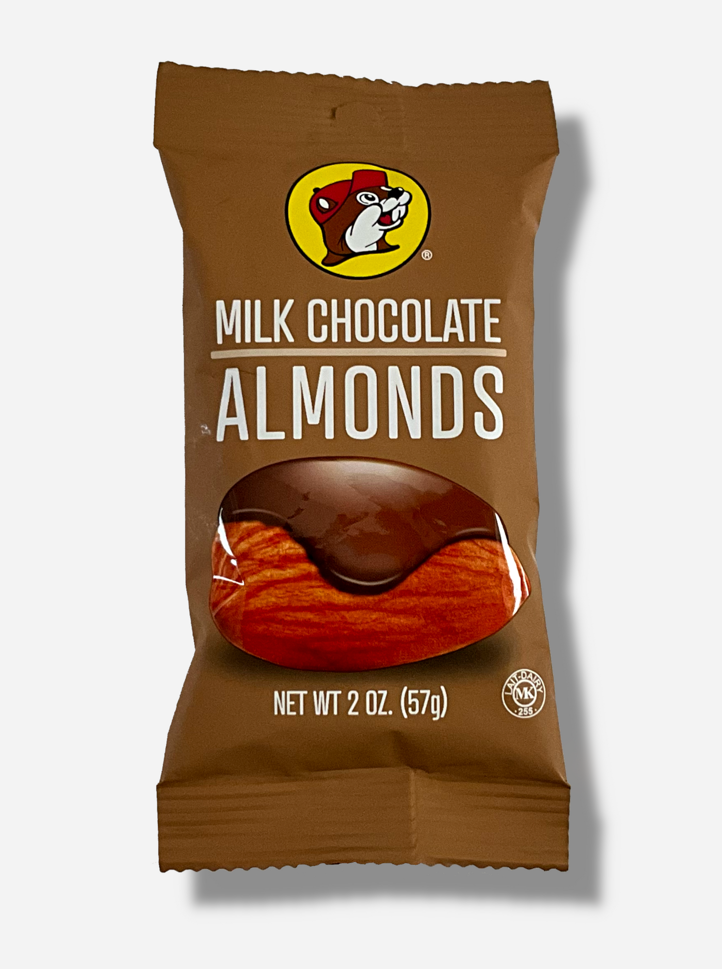 A picture of the front of a small package of Buc-ee's Milk Chocolate Almonds, 2 oz.  The bag has a small picture of Buc-ee the Beaver on the top, and the bottom has a picture of a single giant almond, covered in milk chocolate.  The bag is light brown.