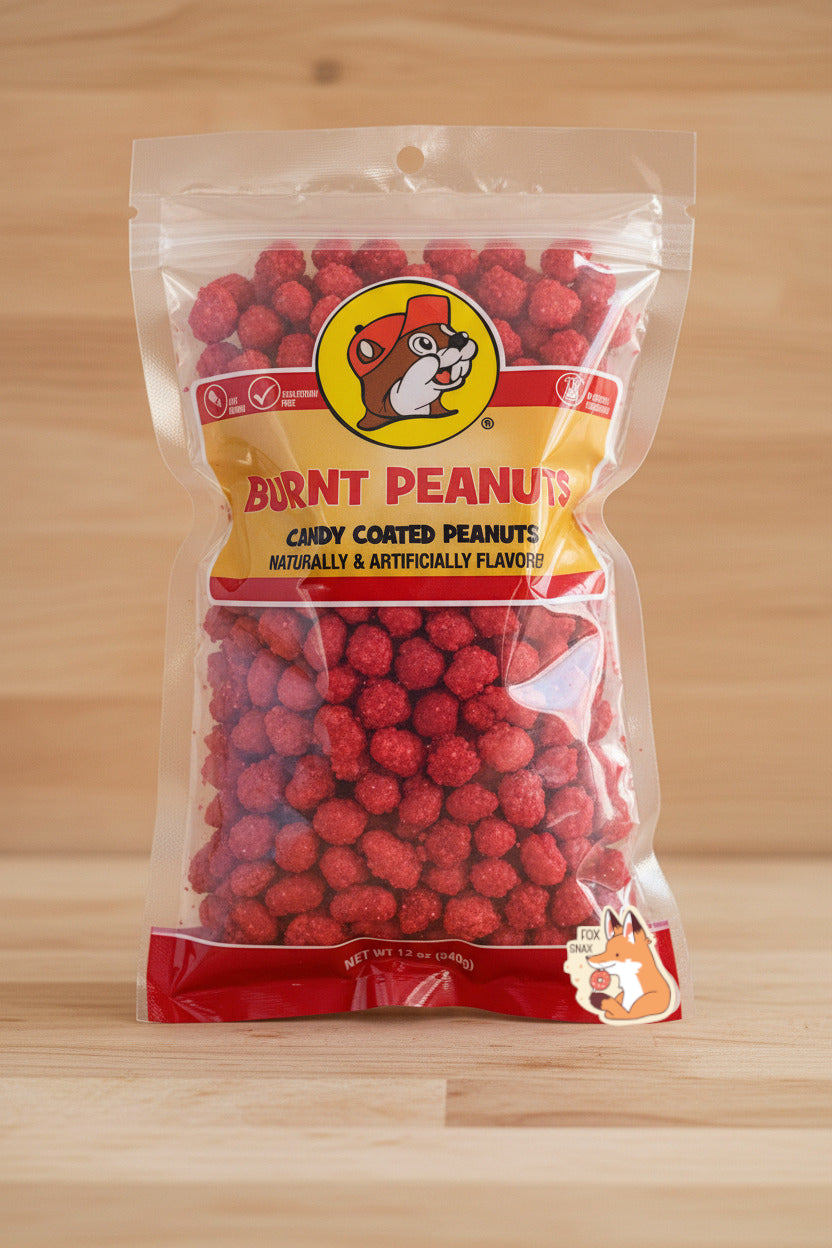 A picture of the front of a resealable bag of Buc-ee's Burnt Peanuts, which are bright peanuts coated in a bumpy red sugary coating.  The bag reads BURNT PEANUTS, Candy Coated Peanuts, Naturally & Artificially Flavored, and has a picture of Buc-ee the Beaver on it.  The peanuts inside are roughly oblong and are slightly different shades of red.  The bag is laying on a light wooden kitchen table.