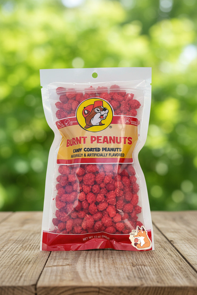 A picture of the front of a resealable bag of Buc-ee's Burnt Peanuts, which are bright peanuts coated in a bumpy red sugary coating.  The bag reads BURNT PEANUTS, Candy Coated Peanuts, Naturally & Artificially Flavored, and has a picture of Buc-ee the Beaver on it.  The peanuts inside are roughly oblong and are slightly different shades of red.  The bag is standing up on a wooden picnic table outside; greenery can be seen in the background. 