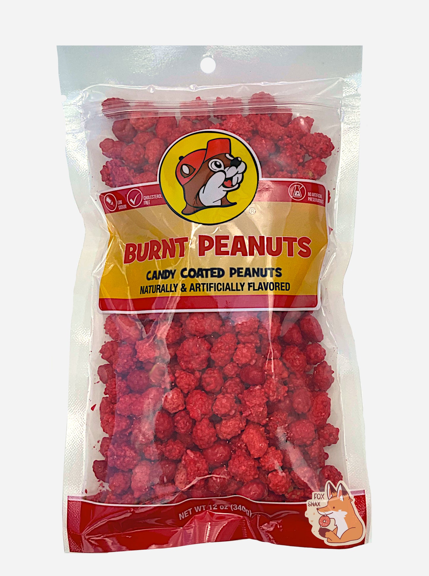 A picture of the front of a resealable bag of Buc-ee's Burnt Peanuts, which are bright peanuts coated in a bumpy red sugary coating.  The bag reads BURNT PEANUTS, Candy Coated Peanuts, Naturally & Artificially Flavored, and has a picture of Buc-ee the Beaver on it.  The peanuts inside are roughly oblong and are slightly different shades of red.  