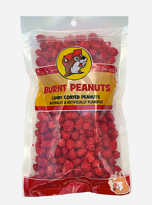 A picture of the front of a resealable bag of Buc-ee's Burnt Peanuts, which are bright peanuts coated in a bumpy red sugary coating.  The bag reads BURNT PEANUTS, Candy Coated Peanuts, Naturally & Artificially Flavored, and has a picture of Buc-ee the Beaver on it.  The peanuts inside are roughly oblong and are slightly different shades of red.  
