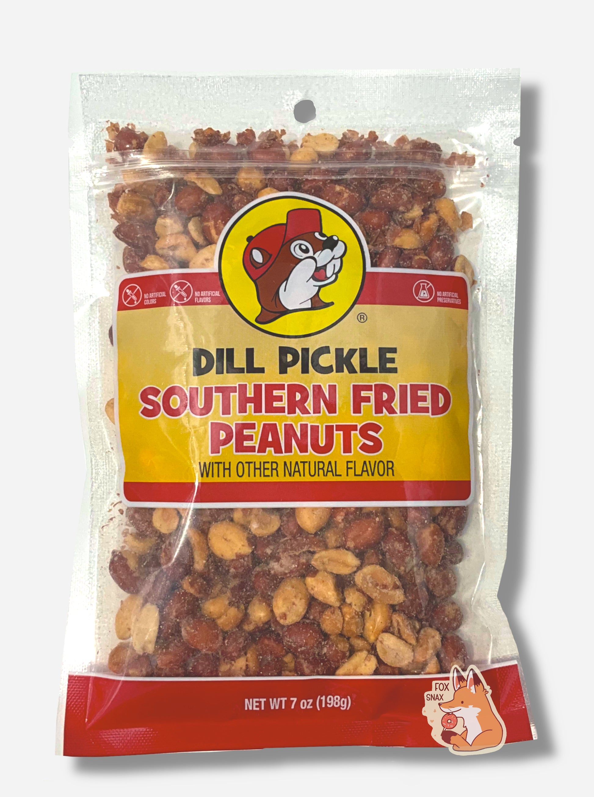 A picture of the front of a resealable bag of Buc-ee's Dill Pickle Southern Fried Peanuts, which are deep fried, shelled peanuts.  The bag reads DILL PICKLE SOUTHERN FRIED PEANUTS and has a picture of Buc-ee the Beaver on it.  The peanuts inside are differing shades of brown and tan, and show a few grains of salt and dill flavoring on them or in the bag.