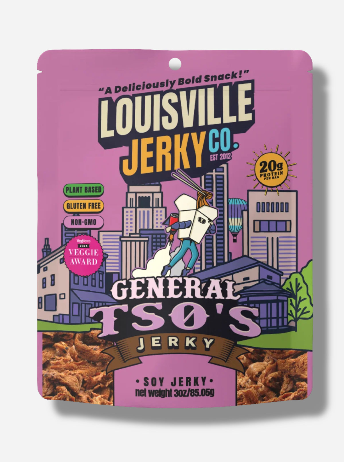 A picture of the front of a purple bag of Louisville Jerky Co. General Tso's Jerky.  
Above the Louisville text reads "A Deliciously Bold Snack!", and next to it, reads "20g PROTEIN per bag", "Plant Based", "Gluten Free", "Non-GMO", and "VegNews 2025 Veggie Award", then "General Tso's Jerky, Soy Jerky". There is a depiction of the Louisville skyline in the background; in the foreground is a cartoon of a box of Chinese takeout taking off in a jetpack!