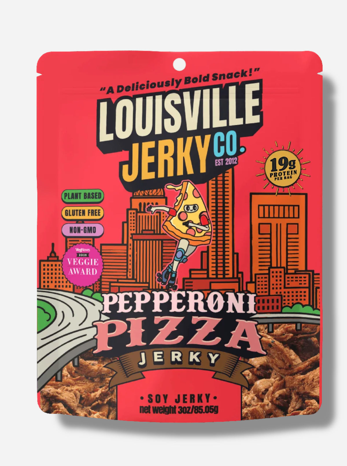 A picture of the front of a red bag of Louisville Jerky Co. Pepperoni Pizza Jerky.  Above the Louisville text reads "A Deliciously Bold Snack!", and next to it, reads "19g Protein per bag", "Plant Based", "Gluten Free", "Non-GMO", and "VegNews 2025 Veggie Award", then "Pepperoni Pizza Jerky, Soy Jerky". There is a depiction of the Louisville skyline in the background; in the foreground is a cartoon of a slice of pepperoni pizza, roller skating past the skyline in knee pads!
