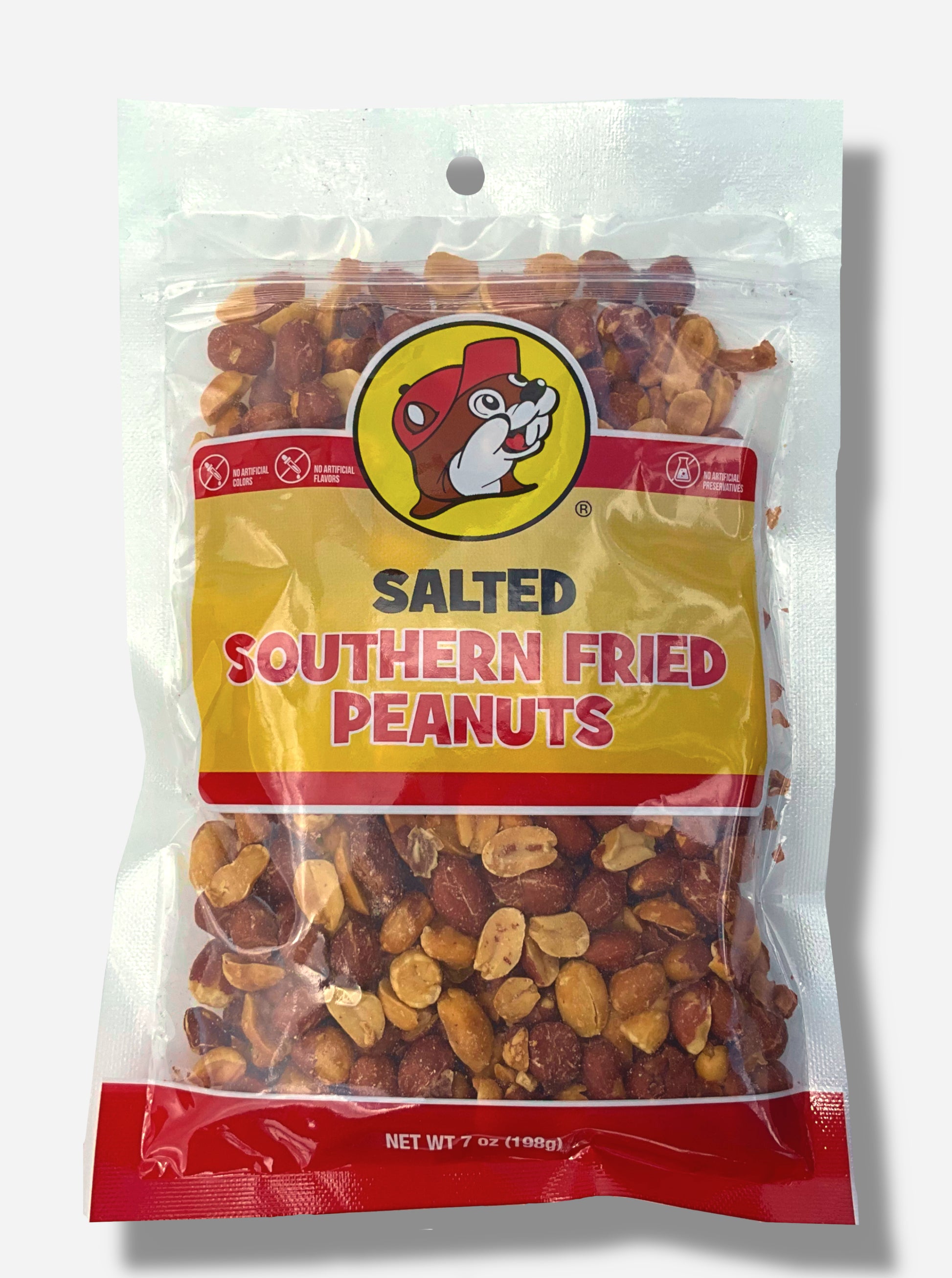 A picture of the front of a resealable bag of Buc-ee's Salted Southern Fried Peanuts, which are deep fried, shelled peanuts.  The bag reads SALTED SOUTHERN FRIED PEANUTS and has a picture of Buc-ee the Beaver on it.  The peanuts inside are differing shades of brown and tan, and show a few grains of salt on them or in the bag.