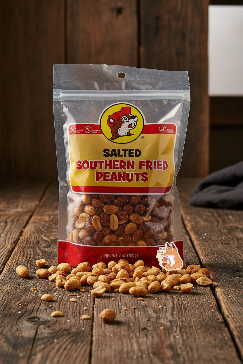 A picture of the front of a resealable bag of Buc-ee's Salted Southern Fried Peanuts, which are deep fried, shelled peanuts.  The bag reads SALTED SOUTHERN FRIED PEANUTS and has a picture of Buc-ee the Beaver on it.  The peanuts inside are differing shades of brown and tan, and show a few grains of salt on them or in the bag.  The bag is sitting on a rough, dark wooden table, surrounded by loose peanuts.  The background shows similar rough dark wood planks.