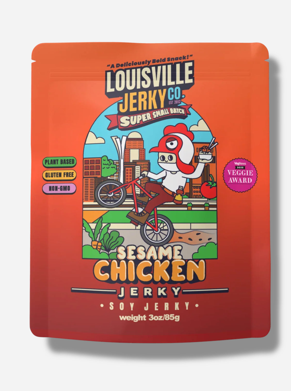 A picture of the front of an orange bag of Louisville Jerky Co. Sesame Chicken Jerky.  
Above the Louisville text reads "A Deliciously Bold Snack!", and next to it, reads "Plant Based", "Gluten Free", "Non-GMO", and "VegNews 2025 Veggie Award", then "Sesame Chicken Jerky, Soy Jerky". There is a depiction of the Louisville skyline in the background; in the foreground is a cartoon of a person wearing a rooster hat, holding a bowl of sesame chicken, while popping a wheelie on a bicycle!