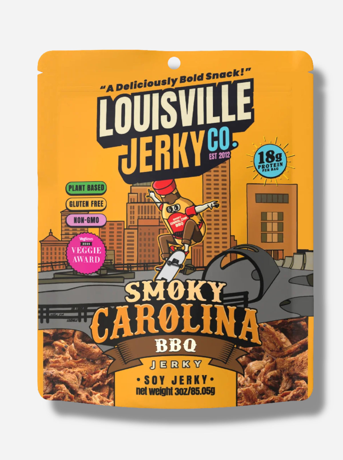 A picture of the front of an orange bag of Louisville Jerky Co. Smoky Carolina BBQ Jerky.  Above the Louisville text reads "A Deliciously Bold Snack!", and next to it, reads "Plant Based", "Gluten Free", "Non-GMO", and "VegNews 2025 Veggie Award", then "Smoky Carolina BBQ Jerky, Soy Jerky". There is a depiction of the Louisville skyline in the background; in the foreground is a cartoon of a person wearing Smoky Carolina BBQ sauce bottle, doing a sweet kickflip on a skateboard at the Louisville skatepark!