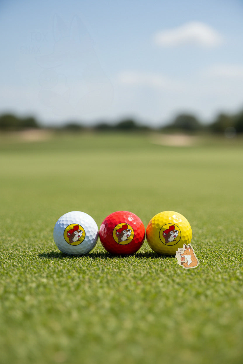 A picture of three golf balls sitting on a well manicured golf fairway.  The golf balls are lined up left to right - the leftmost one is white, middle red, and right yellow.  Each golf ball has the Buc-ee's logo on it - a brown-furred beaver with a serious overbite, wearing a red ball cap.  In the distance, more greens and two sand traps can be seen, along with trees.  The sky is a hazy blue with a few clouds.