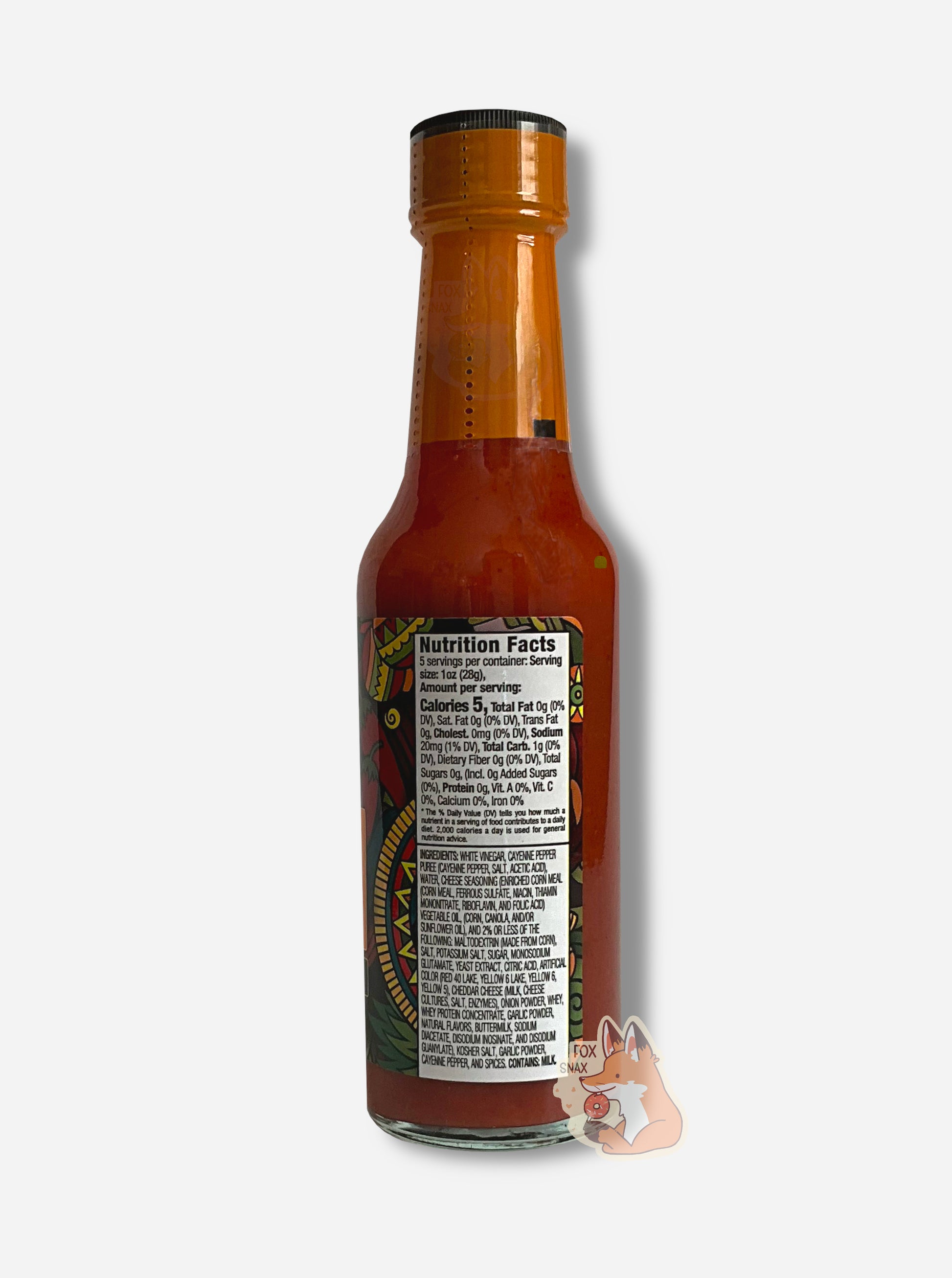 A picture of a small, tall glass bottle of hot sauce. The top of the bottle is sealed with a orange plastic top. The sauce inside is orange/red.