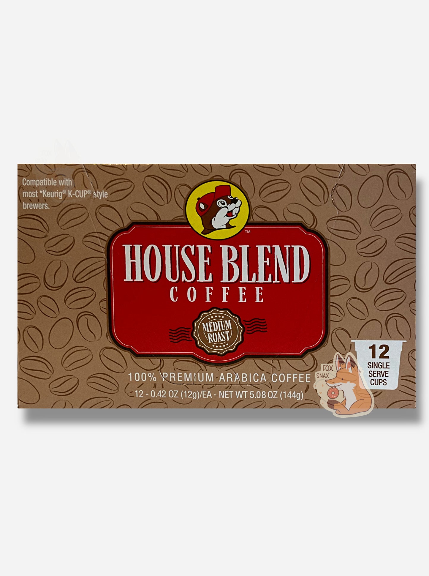 A picture of the front of a tan box of Buc-ee's House Blend Coffee, Medium Roast.  It reads 100% PREMIUM ARABICA COFFEE, 12 SINGLE SERVE CUPS.  12-0.42 OZ (12g) EA, then "Compatible with most Keurig (c) K_CUP (c) style brewers.  The words are in white, with a rectangular rounded red background.  The background is a series of outlined pictures of coffee beans.  At the top is the large logo of Buc-ee's; a cheerful beaver wearing a red ball cap.