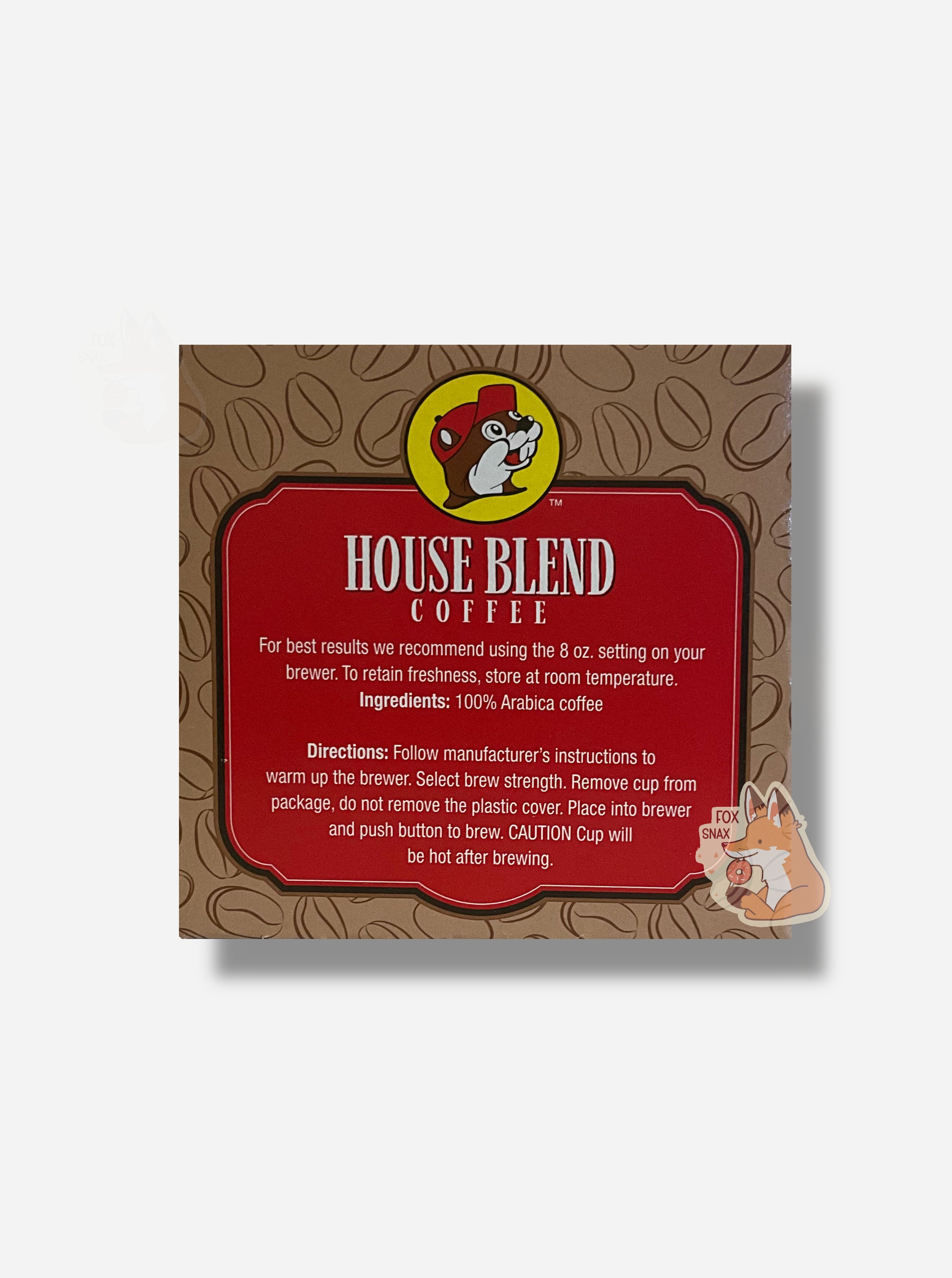 A picture of the side of a tan box of Buc-ee's House Blend Coffee, Medium Roast.  It reads "For best results we recommend using the 8 oz setting on your brewer.  To retain freshness, store at room temperature.  Ingredients: 100% Arabica coffee".  The words are in white, with a rectangular rounded red background.  The background is a series of outlined pictures of coffee beans.  At the top is the large logo of Buc-ee's; a cheerful beaver wearing a red ball cap.