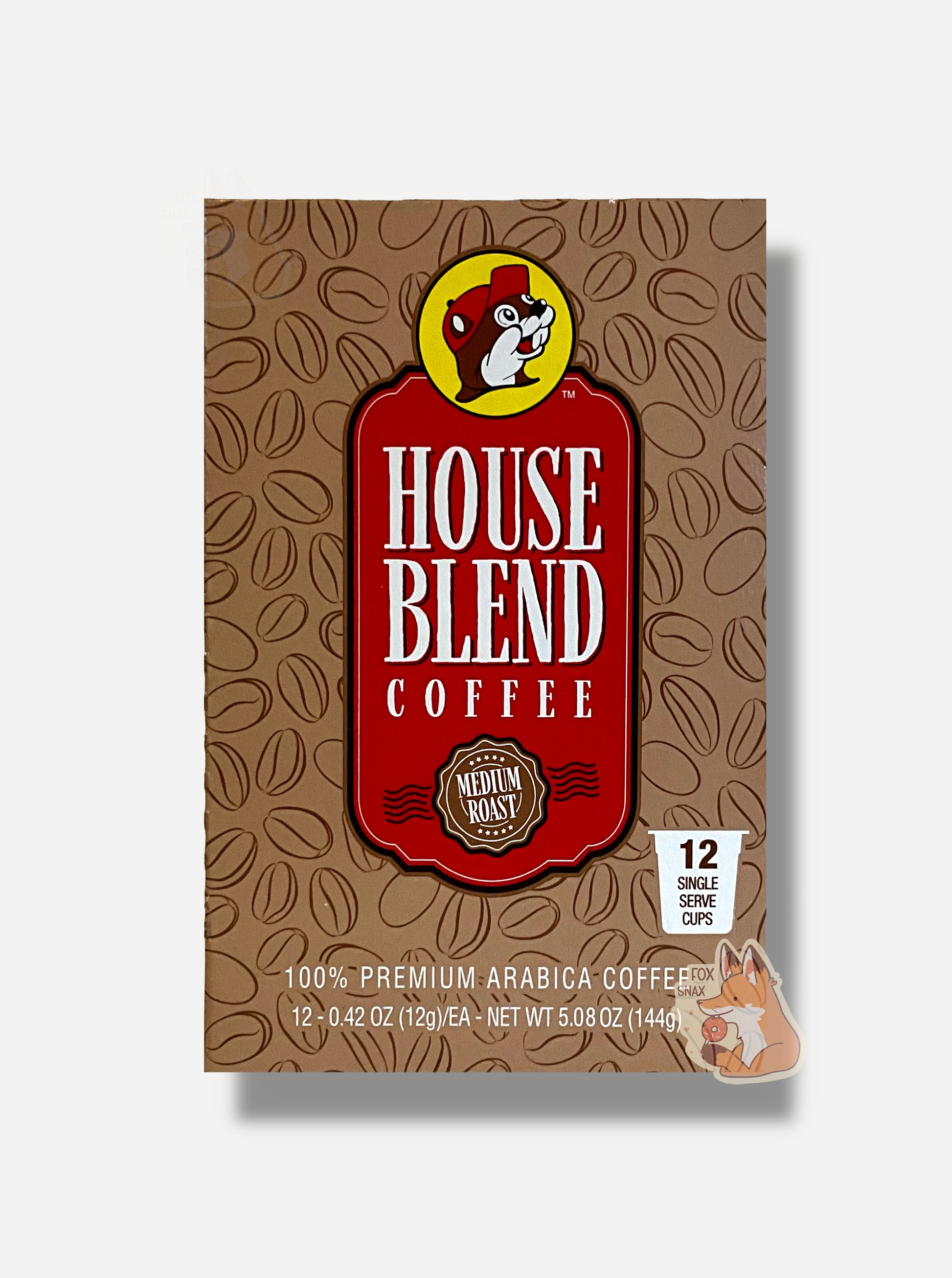 A picture of the top of a tan box of Buc-ee's House Blend Coffee, Medium Roast.  It reads 100% PREMIUM ARABICA COFFEE, 12 SINGLE SERVE CUPS.  12-0.42 OZ (12g) EA, then "Compatible with most Keurig (c) K_CUP (c) style brewers.  The words are in white, with a rectangular rounded red background.  The background is a series of outlined pictures of coffee beans.  At the top is the large logo of Buc-ee's; a cheerful beaver wearing a red ball cap.