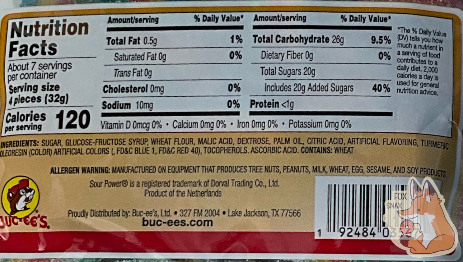 A closeup of the back of a bag of Buc-ee's Quattro Sour Power Belts.  Nutrition facts are listed below, then ingredients.