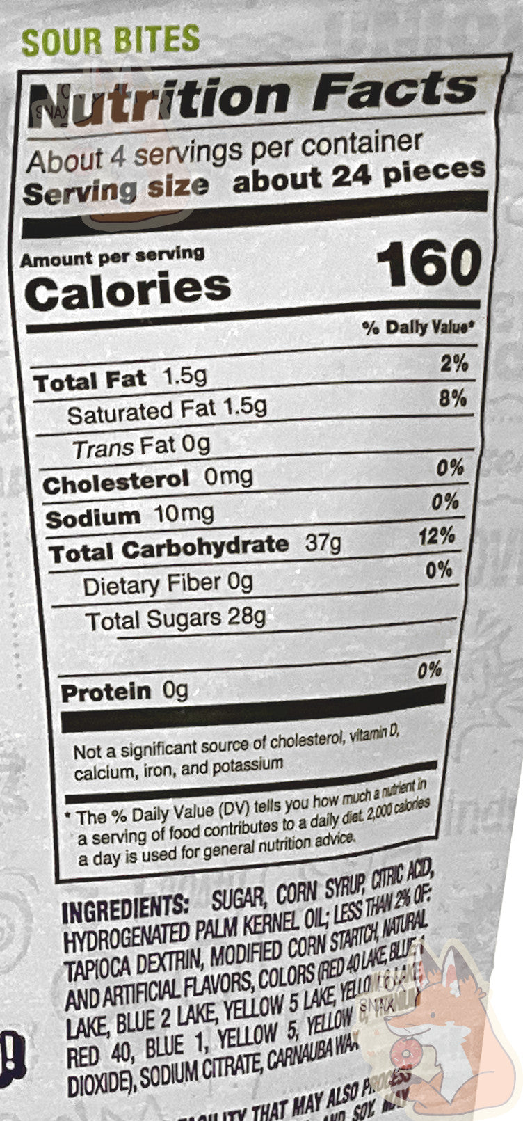 A closeup of the back of a bag of Andersen's Sour Bites.  Nutrition Facts, then Ingredients, can be seen.