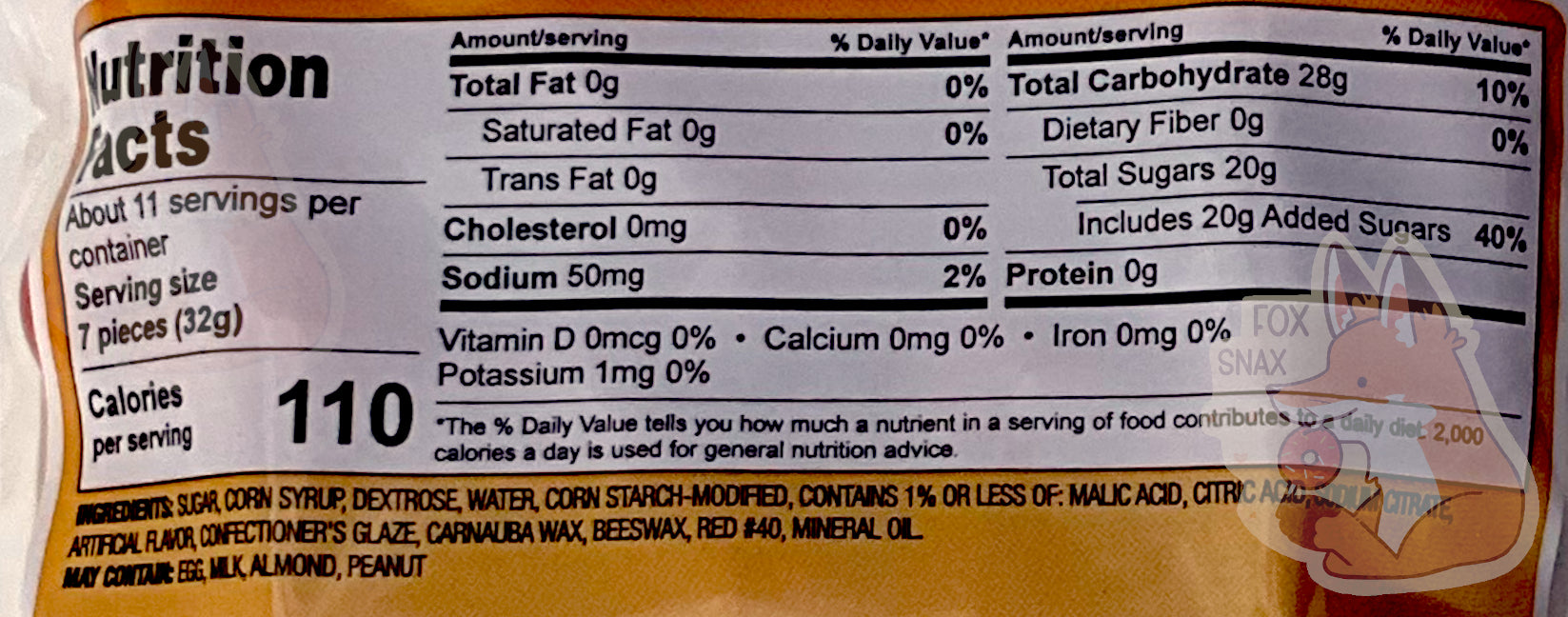 The back of a bag of Buc-ee's Cherry Sours.  Nutrition facts are listed, then ingredients.