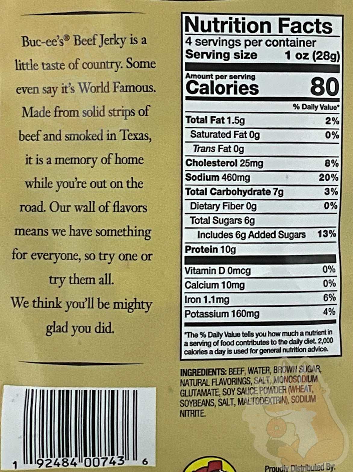 Nutrition facts label and description of Buc-ee's Hot N  Spicy Beef Jerky on a gold background.