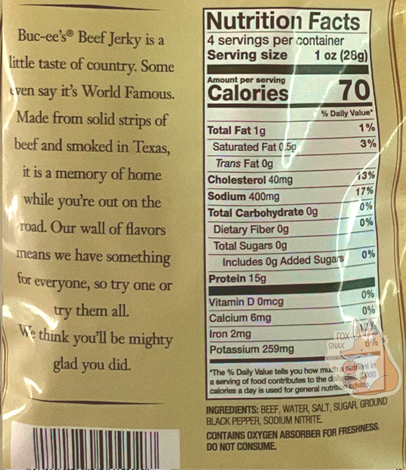 A closeup of the back of a bag of Buc-ee's Old Western Peppered Beef Jerky.  The label underneath reads 'Buc-ee's Beef Jerky is a little taste of country.  Some even say it's World Famous.  Made from solid strips of beef and smoked in Texas, it is a memory of home while you're out on the road.  Our wall of flavors means we have something for everyone, so try one or try them all.  We think you'll be mighty glad you did.'  Nutrition facts are listed below, then ingredients.