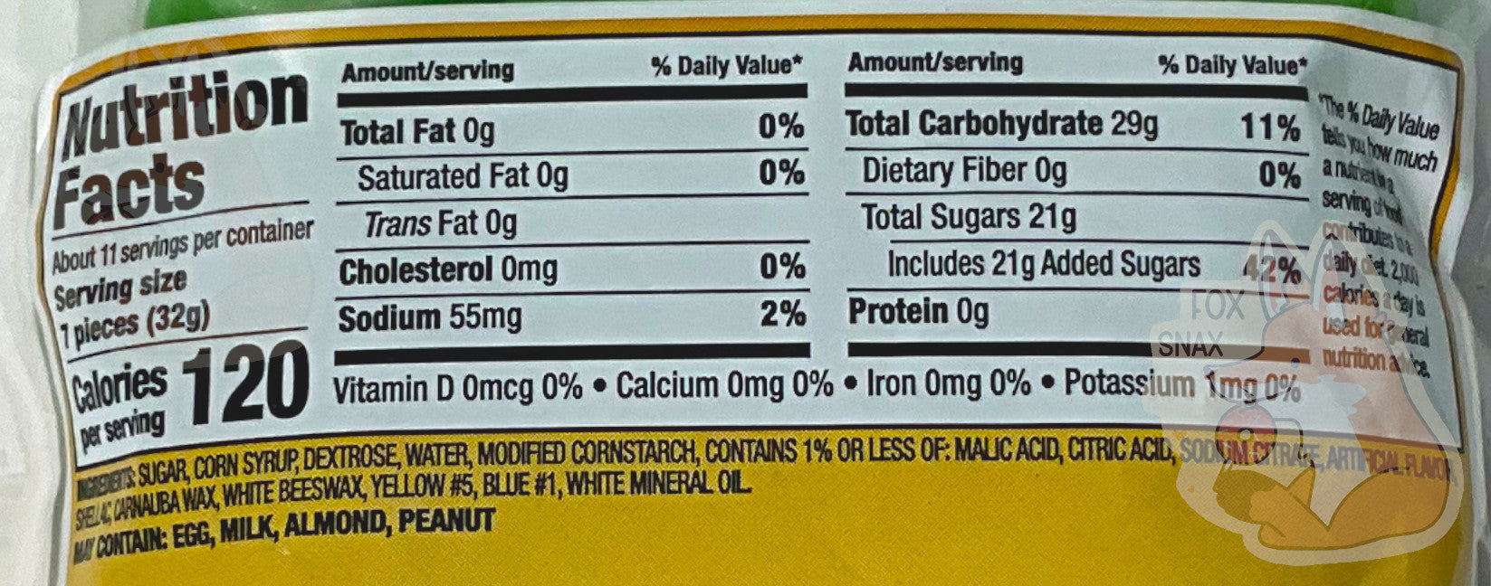 The back of a bag of Buc-ee's Watermelon Sours.  Nutrition facts are listed, then ingredients.