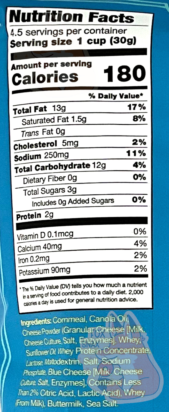 A closeup of the back of a bag of Buc-ee's White Cheddar Nug-ee's.  Nutrition facts are listed, along with ingredients.