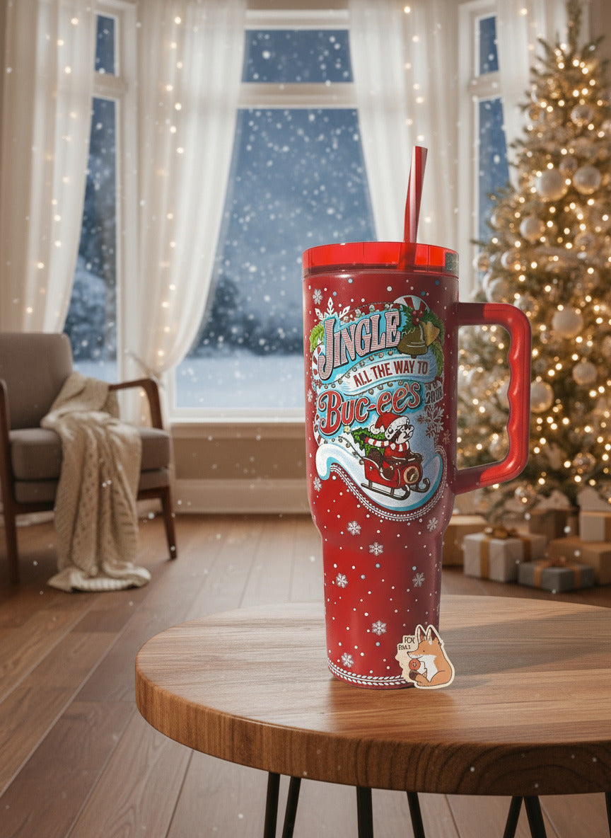 A picture of a tall red, skinny tumbler, with JINGLE ALL THE WAY TO BUC-EES written in red/white striped text. On this tumbler, Buc-ee is wearing a Christmas cap and red/white scarf, sitting in a red sleigh; the sleigh has a Christmas tree with a yellow star at the top. The tumbler is paint covering stainless steel.  The handle, top, and candy-cane colored straw are red plastic. Tumbler is sitting on a wooden end table in a living room; a beautiful Xmas tree decorated in white can be seen in the background.