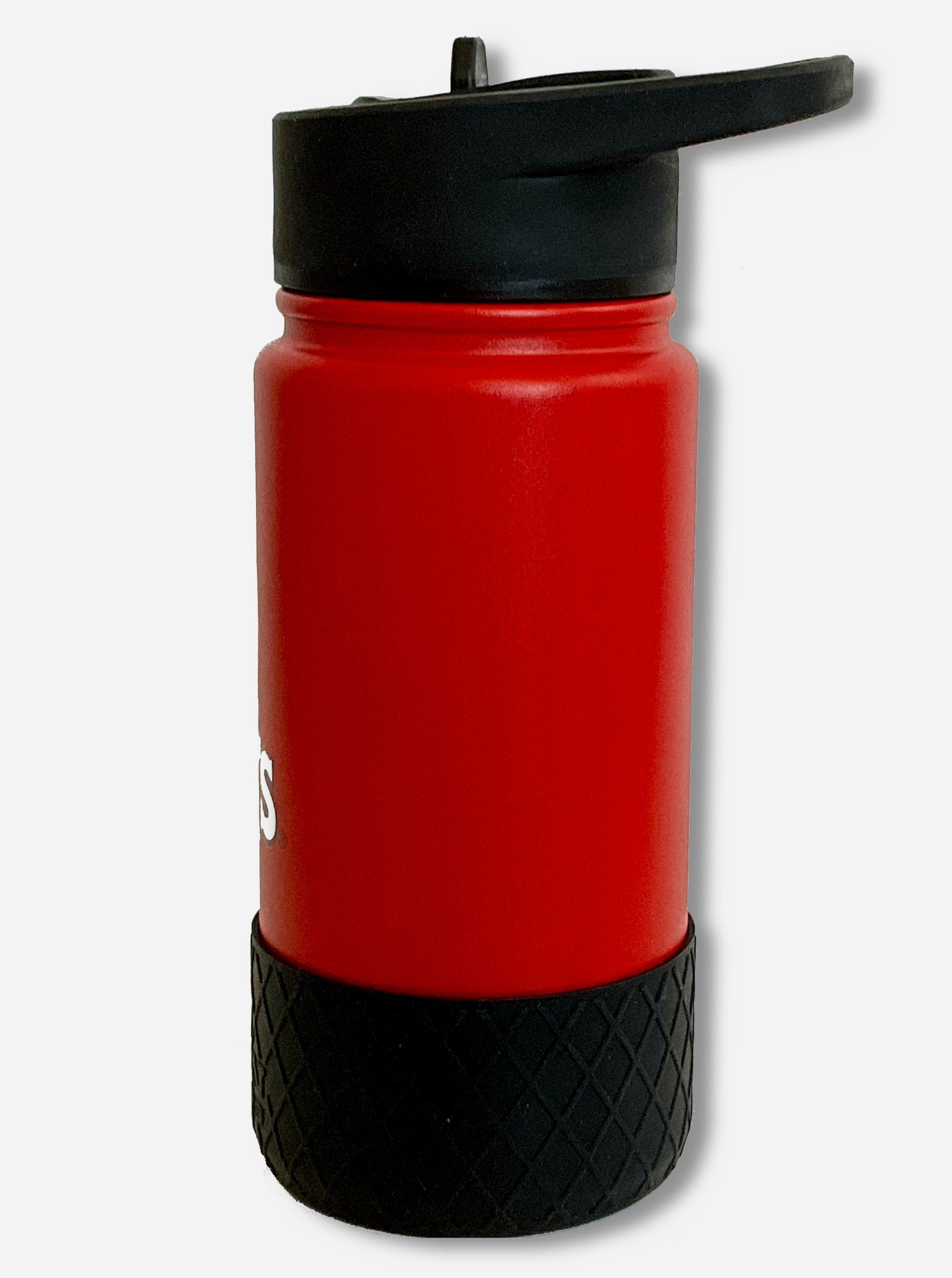 A picture of a small red cylindrical water bottle, The surface of the water bottle is red paint over metal.  The top of the water bottle features a black plastic handle with a flipstraw lid.  The bottom features a black plastic grippable bumper in a crosshatch pattern.