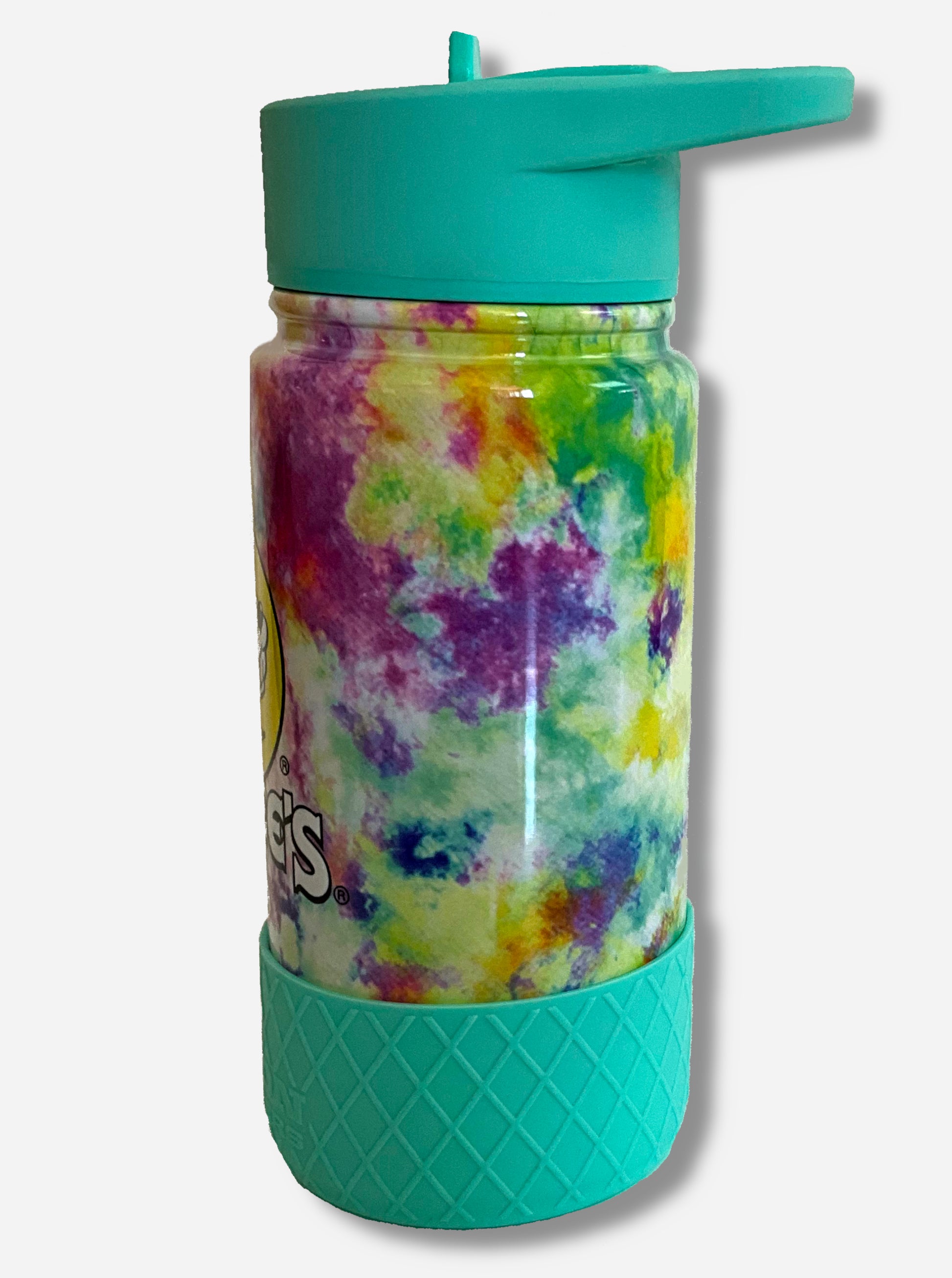 A picture of a small tie dye swirled cylindrical water bottle, The surface of the water bottle is tie dye paint over metal.  The top of the water bottle features a black plastic handle with a flipstraw lid.  The bottom features a blue plastic grippable bumper in a crosshatch pattern.