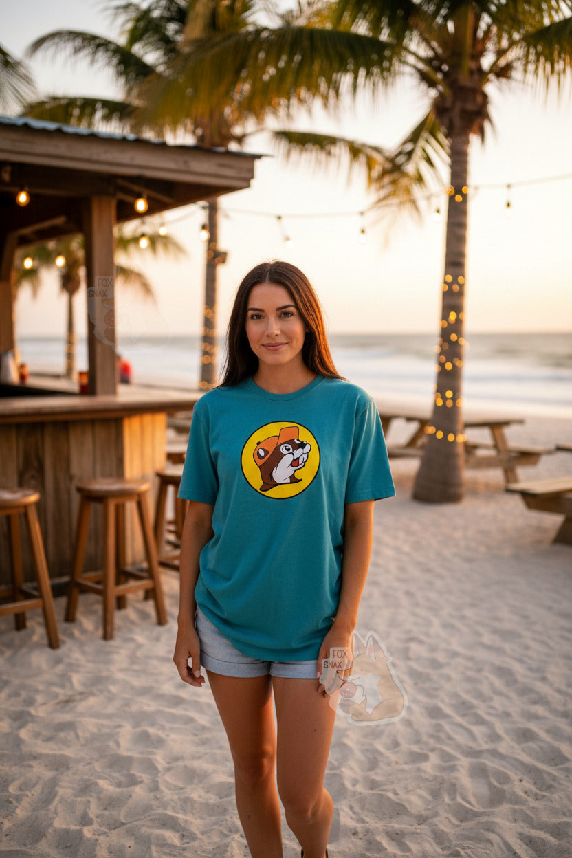 A photo of a woman with long brown hair wearing a cyan t-shirt.  The shirt has the Buc-ee's logo In the middle of the chest are is picture of Buc-ee the Beaver wearing an orange ballcap.  The woman is also wearing jean shorts, and is standing by a beach bar, on a beach at sunset.  Multiple palm trees and picnic tables can be seen in the distance.