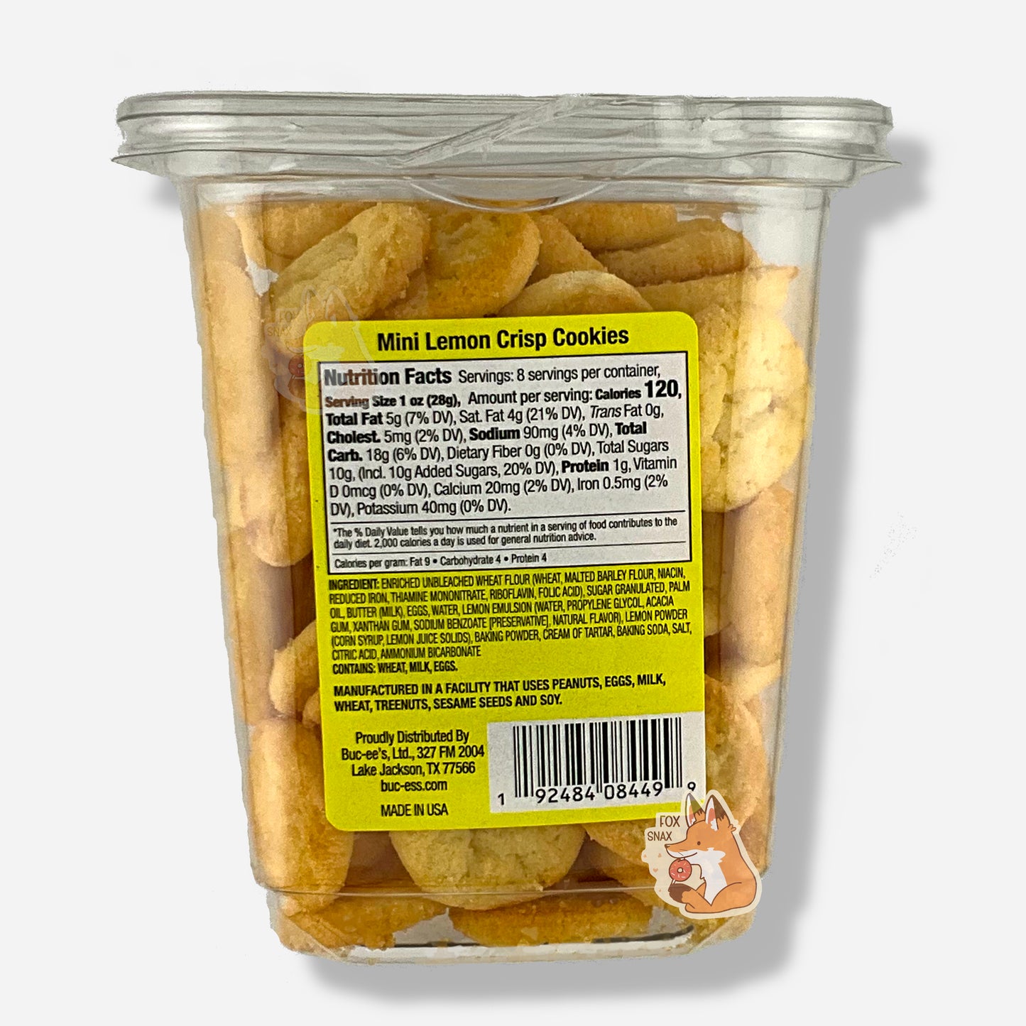 The back of a clear plastic, tall, rectangular package of Buc-ee's Mini Lemon Crisp Cookies.  The back label reads Manufactured in a facility that uses Peanuts, Eggs, Milk, Wheat, Treenuts, Sesame Seeds and Soy.